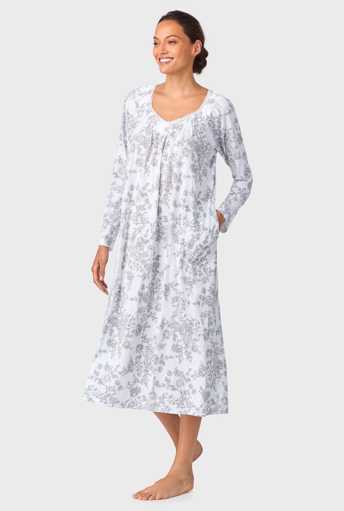 A lady wearing Grey Toile Long Sleeve Ballet Cotton Knit Nightgown