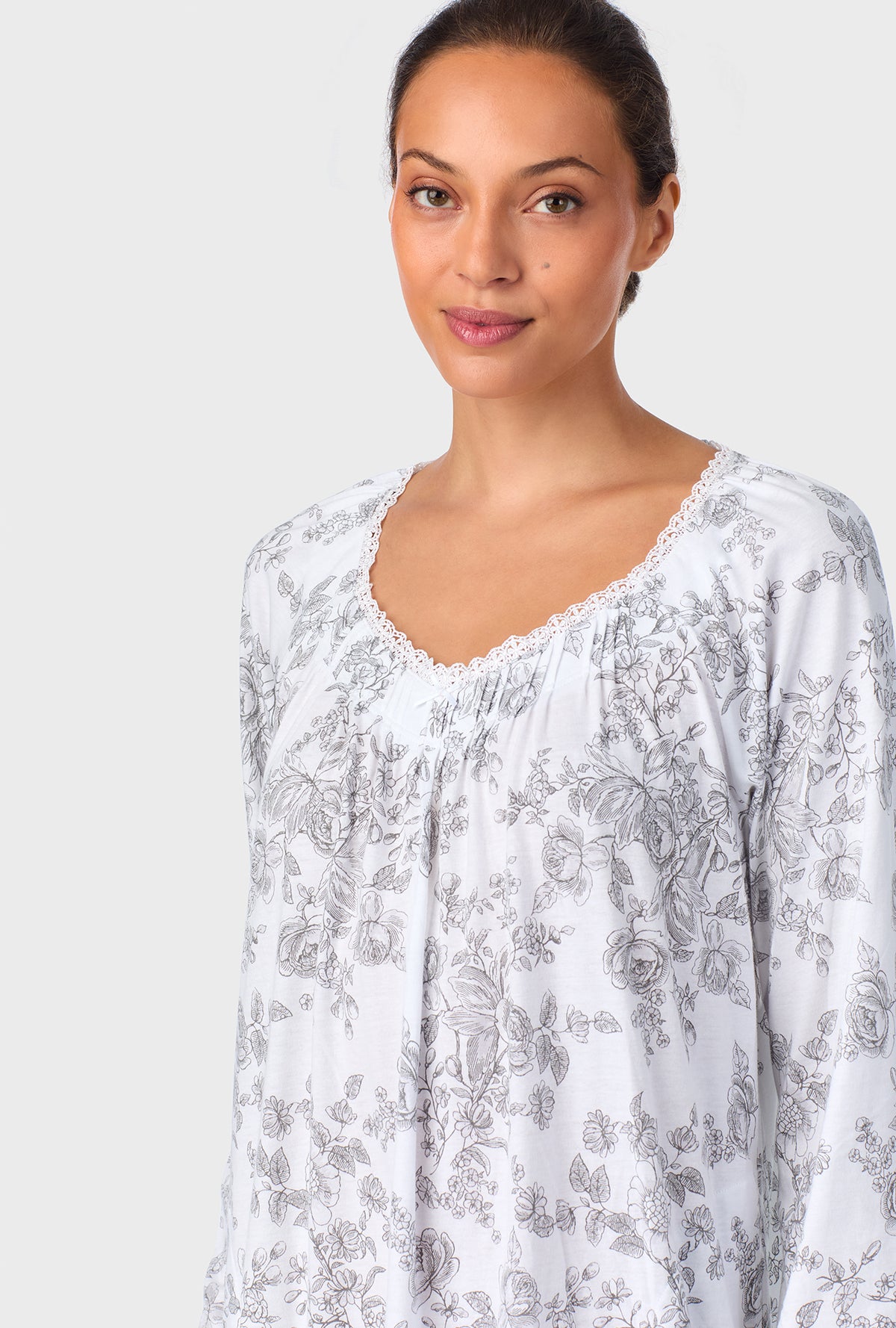 A lady wearing Grey Toile Long Sleeve Ballet Cotton Knit Nightgown