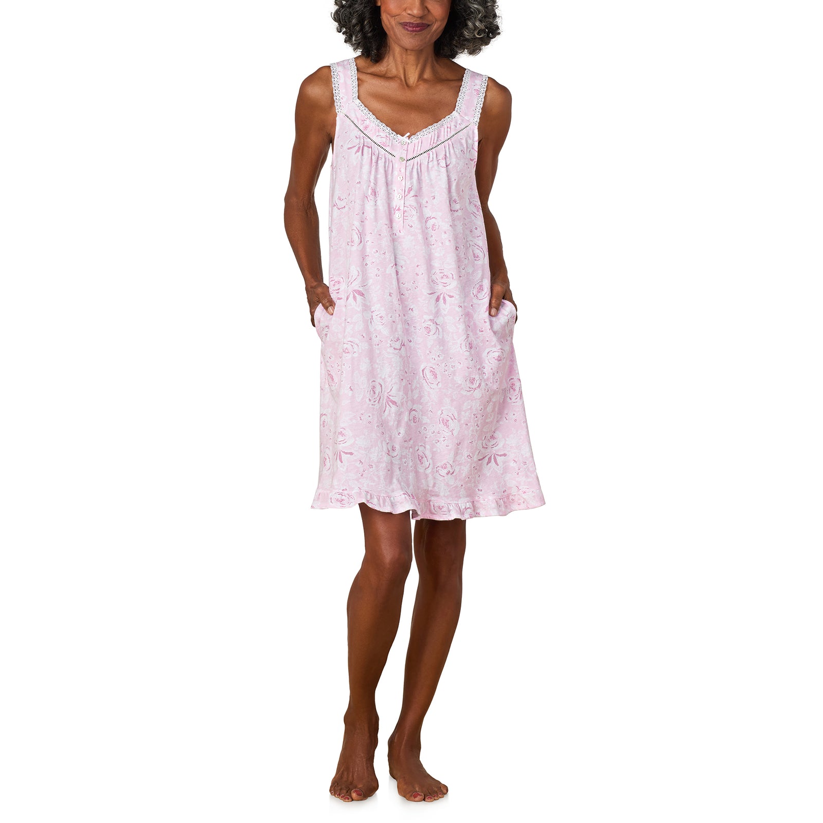 A lady wearing Pink Roses Cotton Jersey Chemise