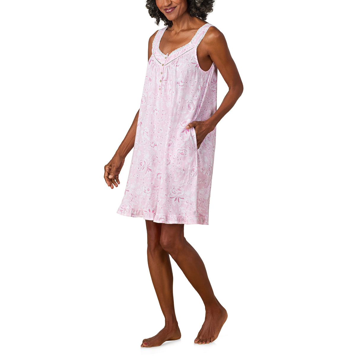 A lady wearing Pink Roses Cotton Jersey Chemise