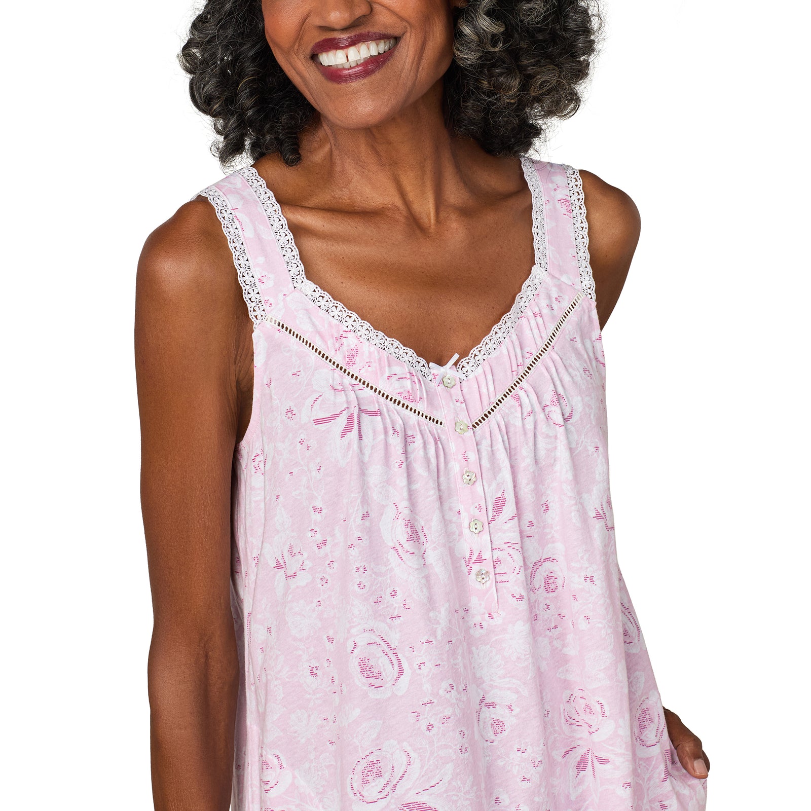 A lady wearing Pink Roses Cotton Jersey Chemise