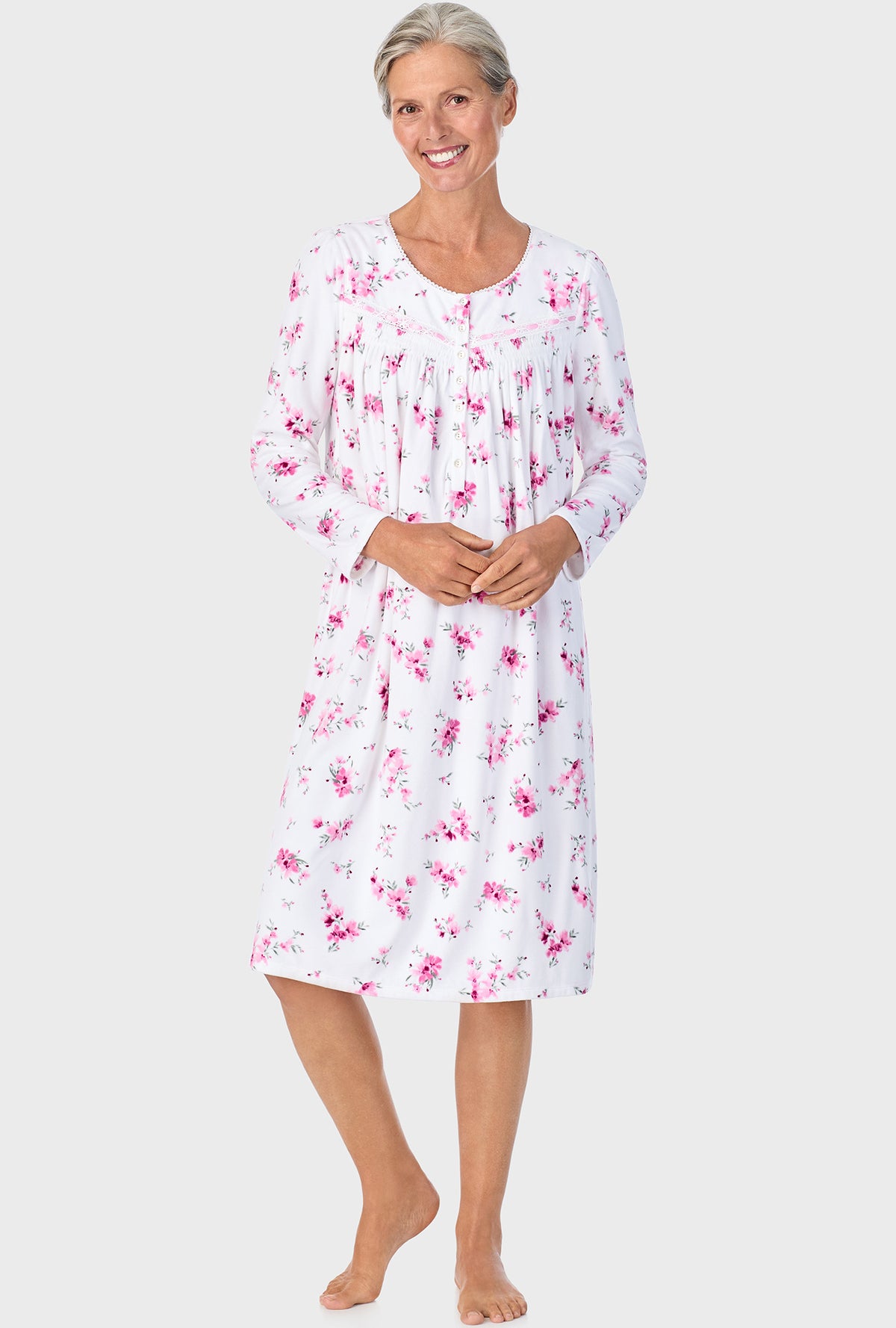 A lady wearing Mauve Floral Long Sleeve Nightgown