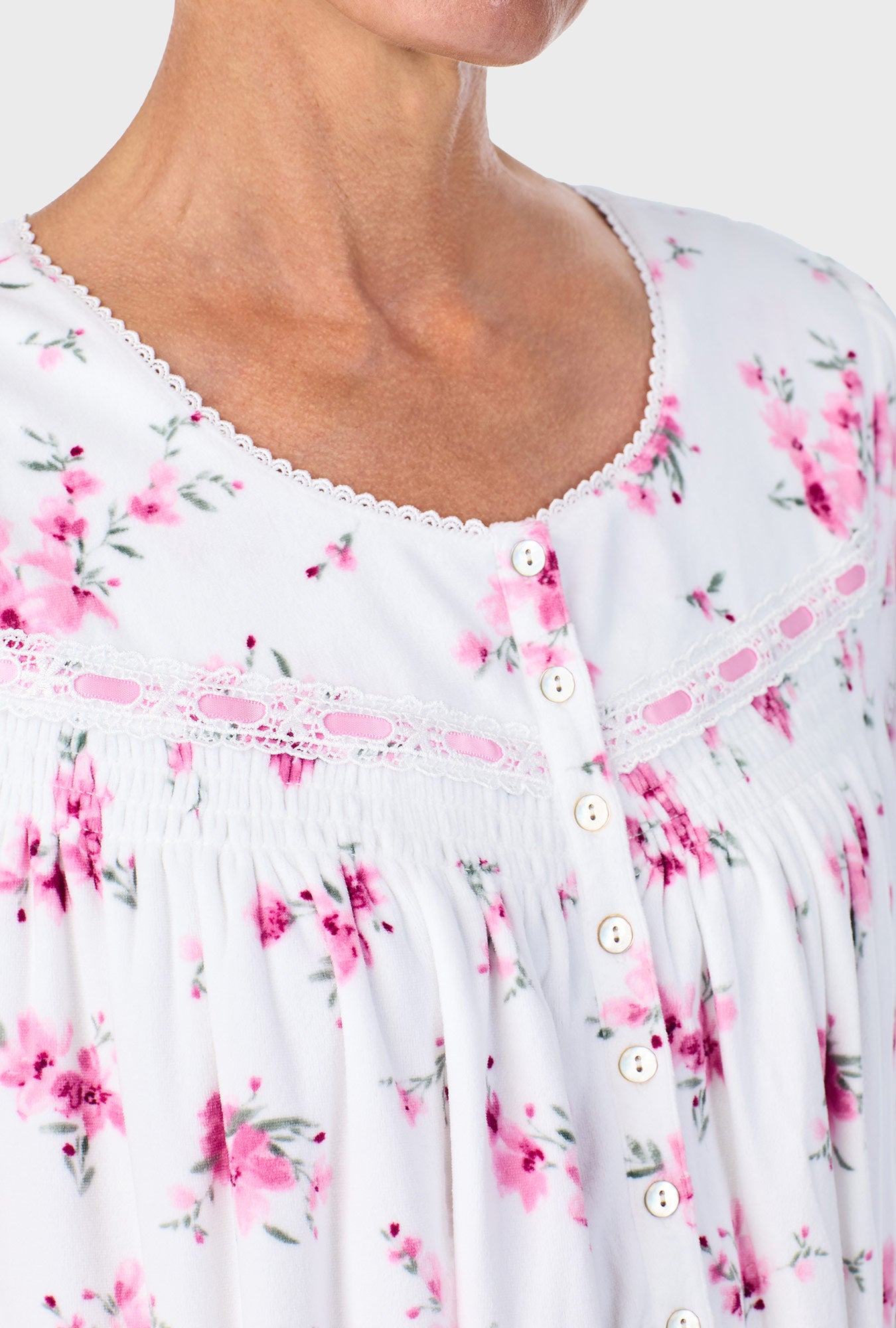 A lady wearing Mauve Floral Long Sleeve Nightgown