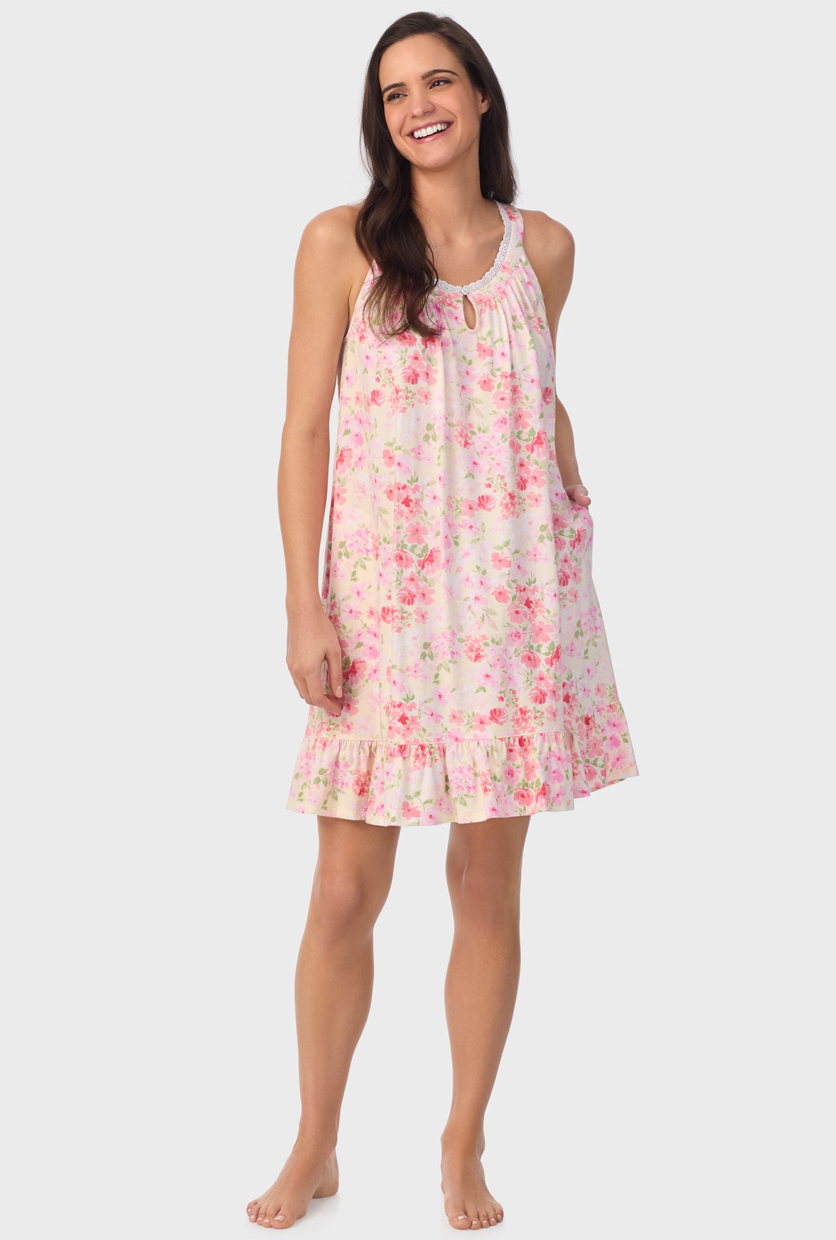 A lady wearing pink sleeveless Chemise with Buttermilk Floral