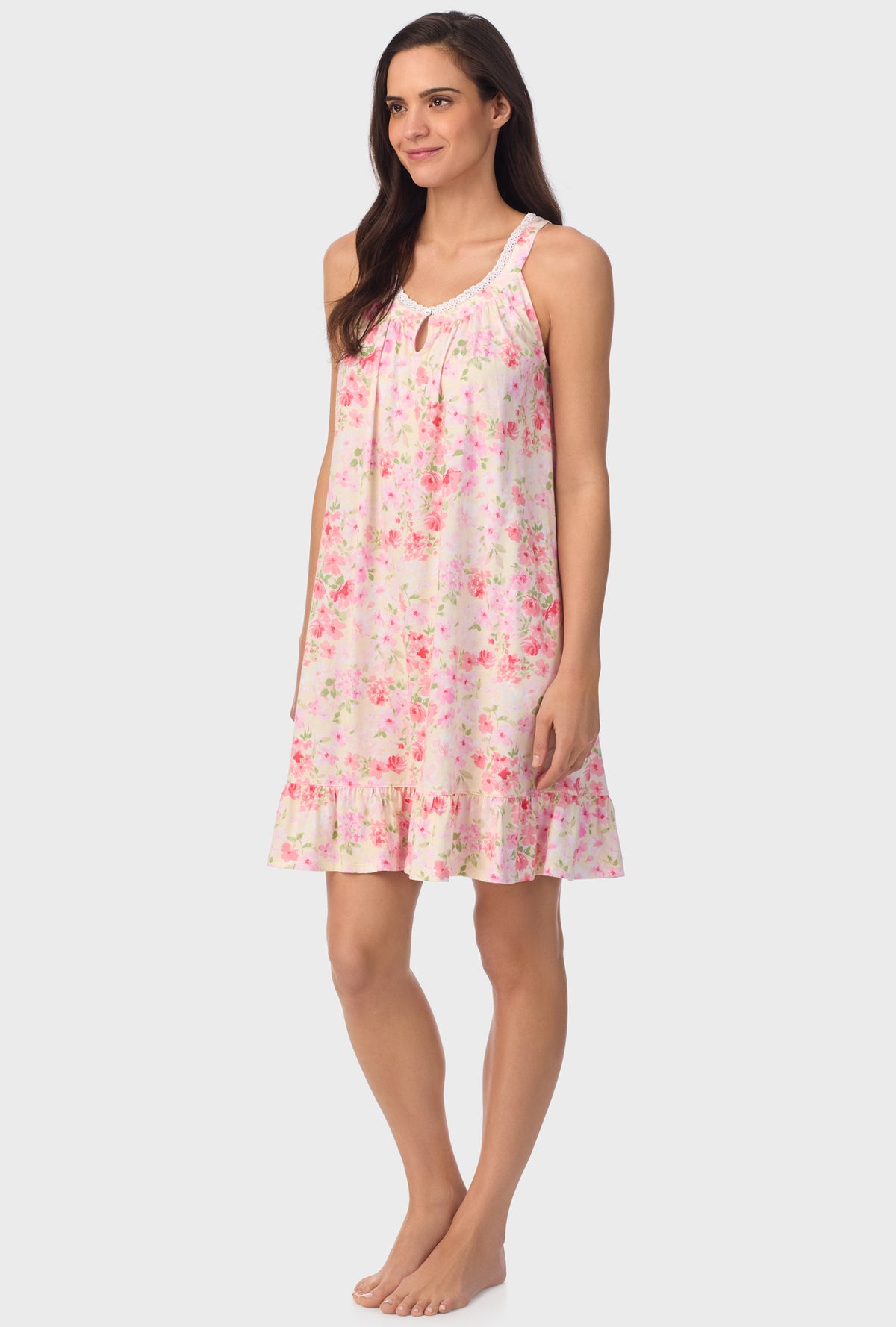 A lady wearing pink sleeveless Chemise with Buttermilk Floral