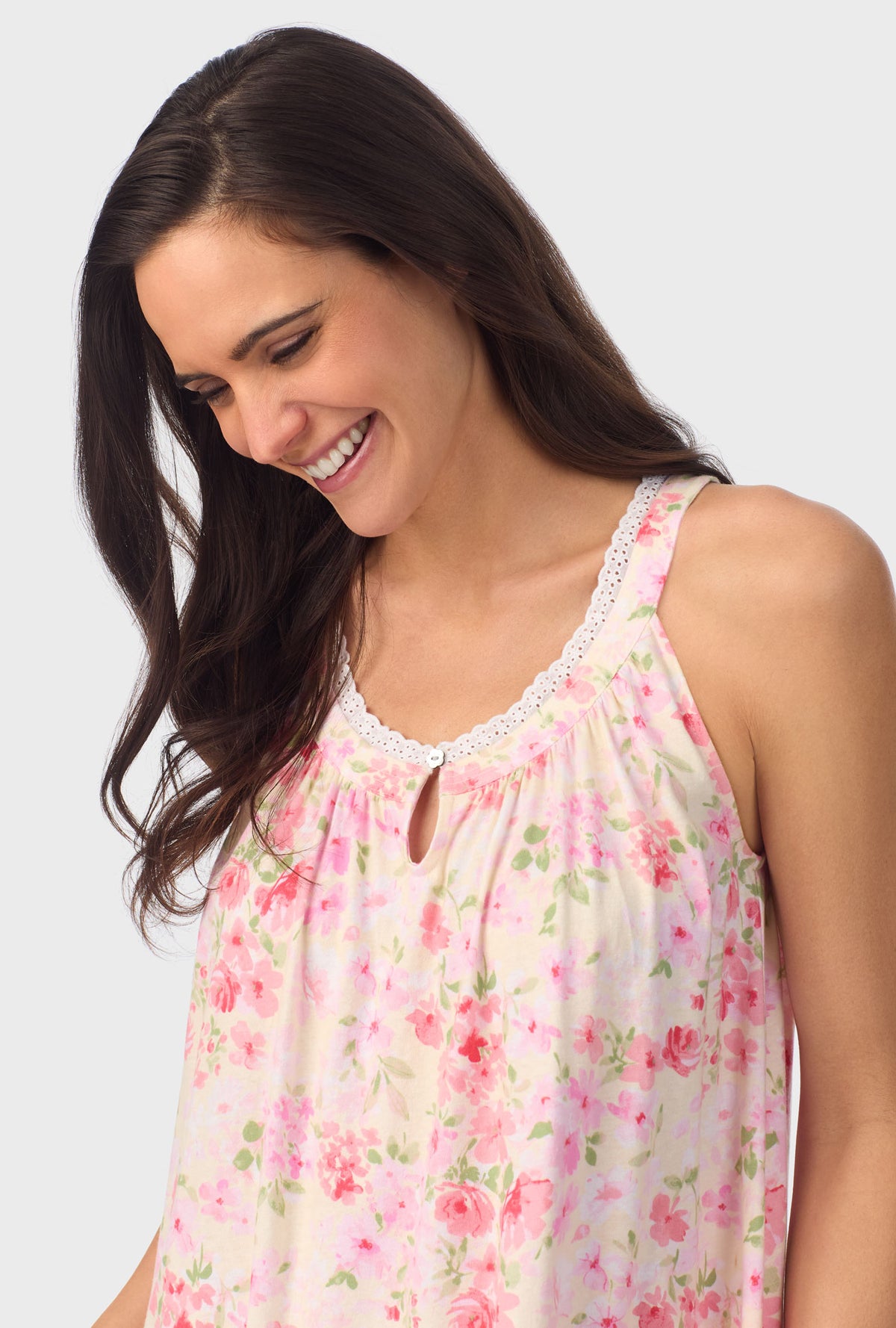 A lady wearing pink sleeveless Chemise with Buttermilk Floral