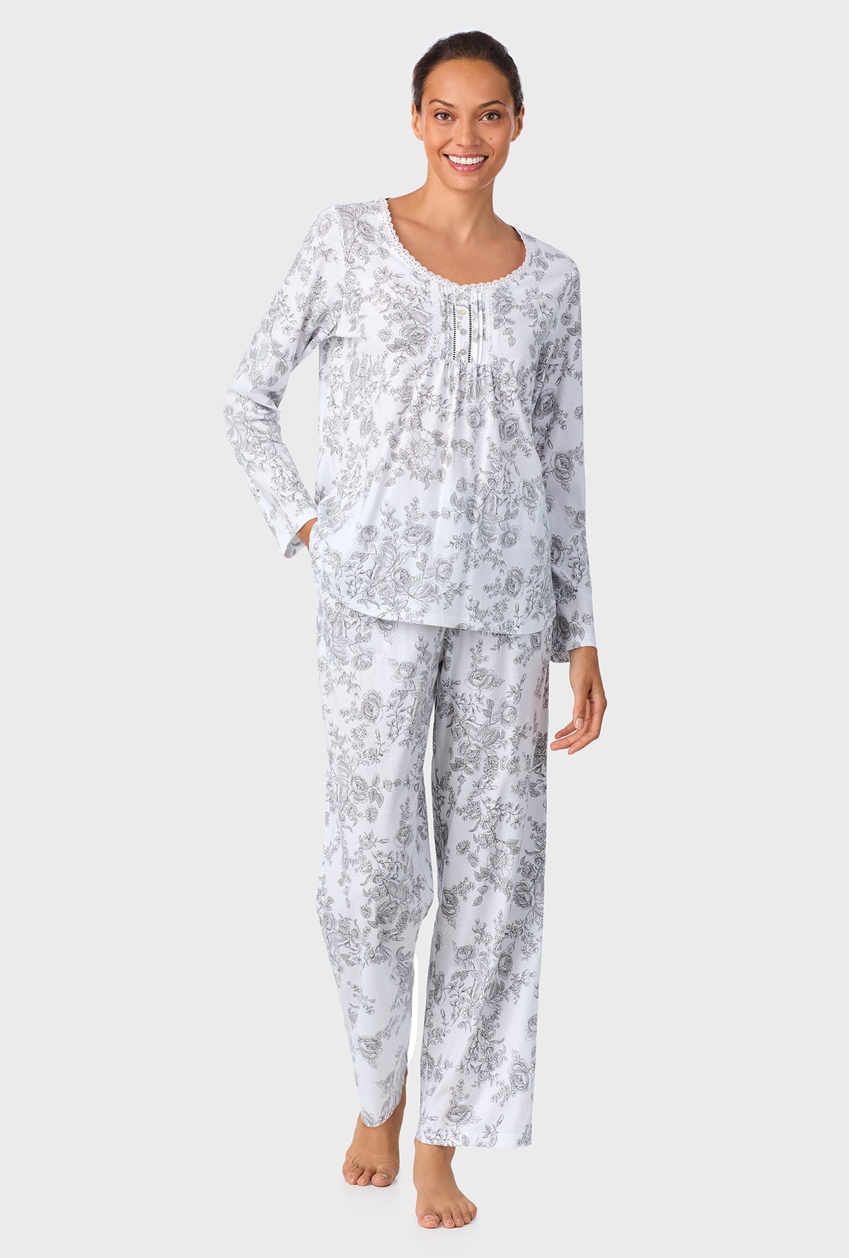 A lady wearing Grey Toile Long Sleeve Cotton Knit Pajama
