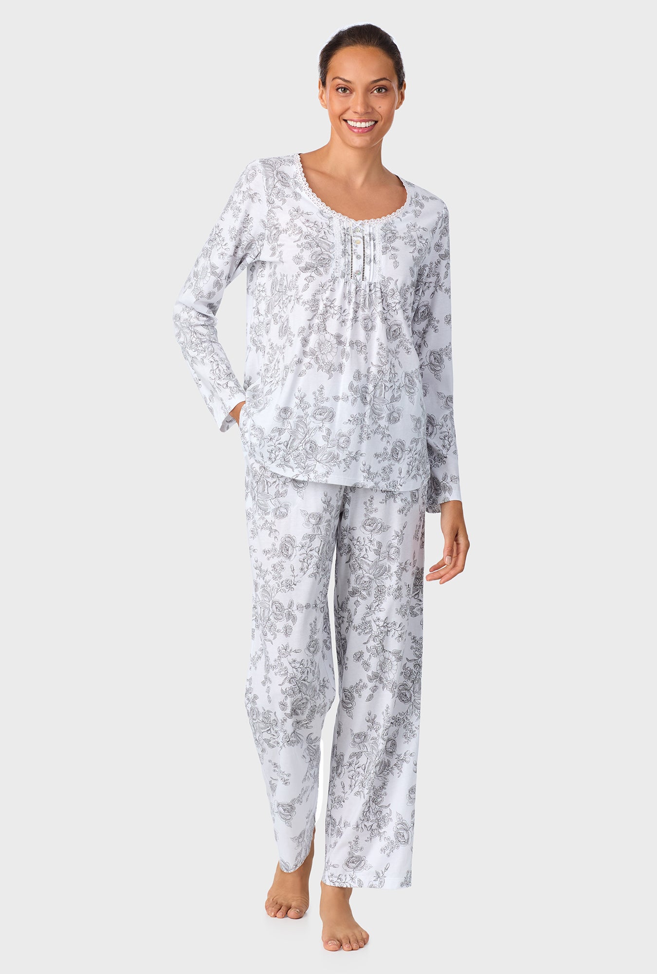 A lady wearing Grey Toile Long Sleeve Cotton Knit Pajama
