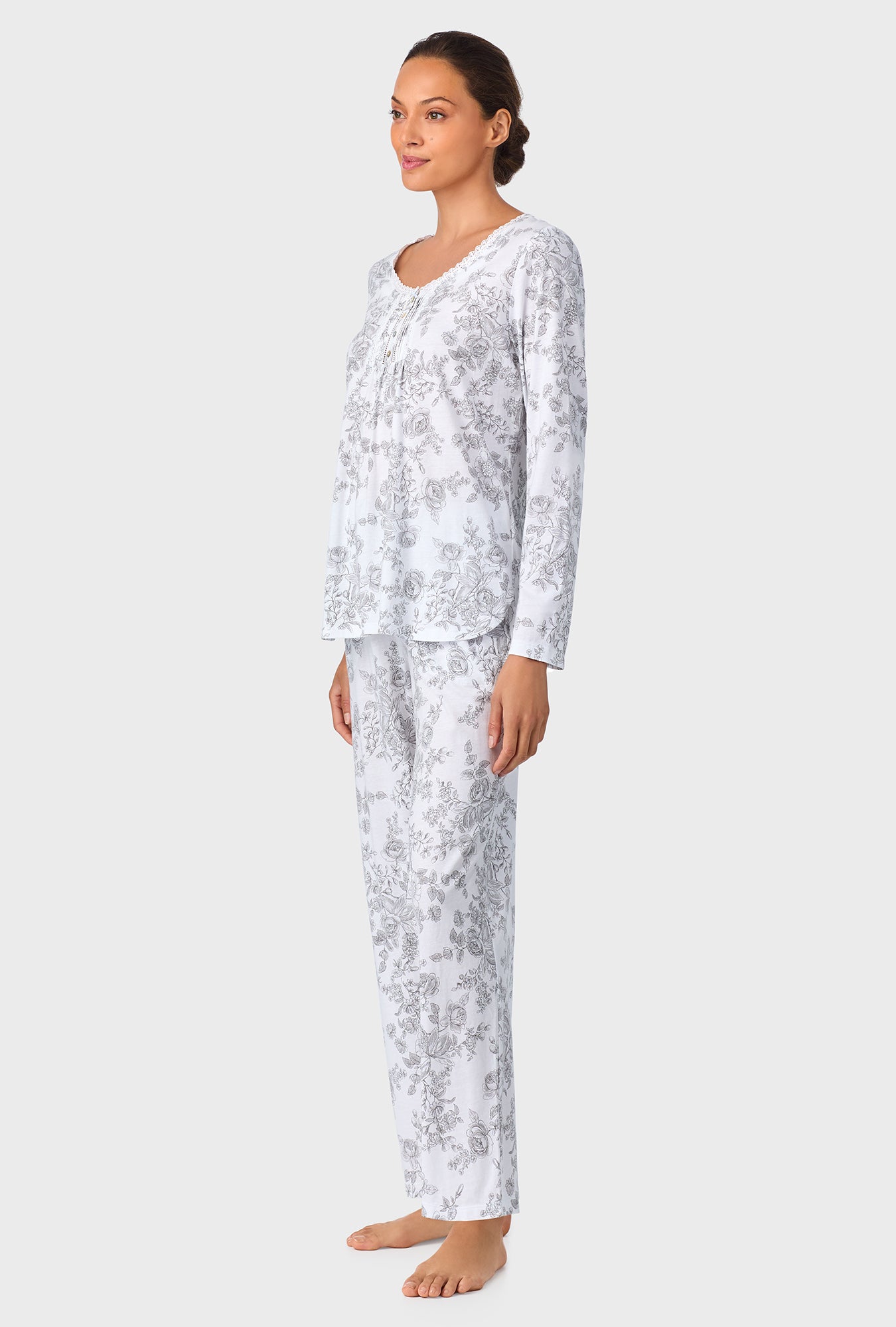 A lady wearing Grey Toile Long Sleeve Cotton Knit Pajama