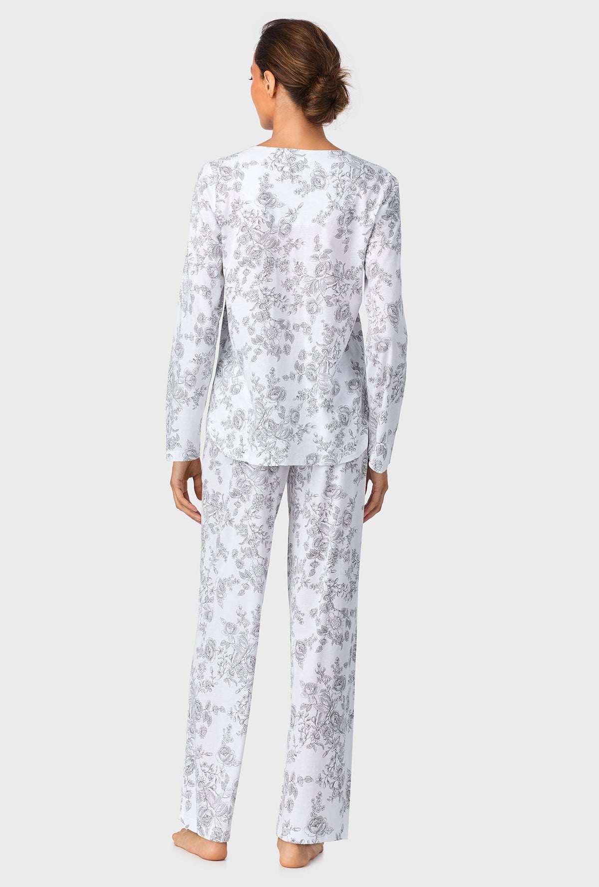 A lady wearing Grey Toile Long Sleeve Cotton Knit Pajama