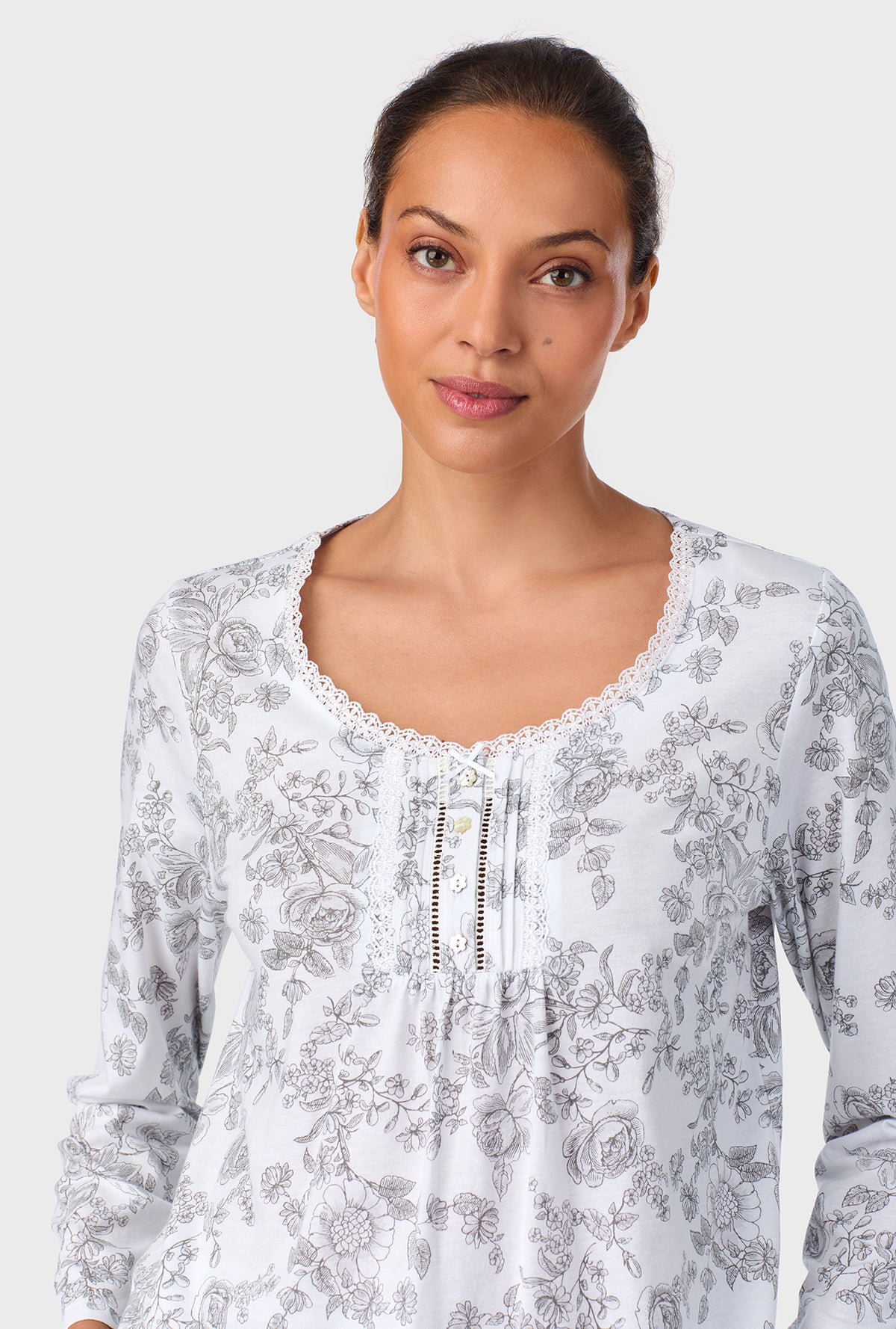 A lady wearing Grey Toile Long Sleeve Cotton Knit Pajama