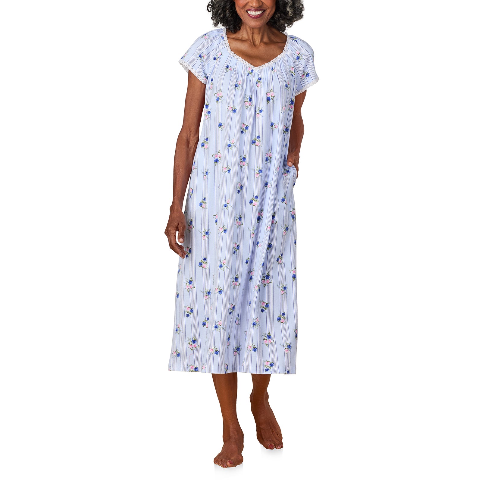 A lady wearing Rose Stripe Cotton Jersey Nightgown