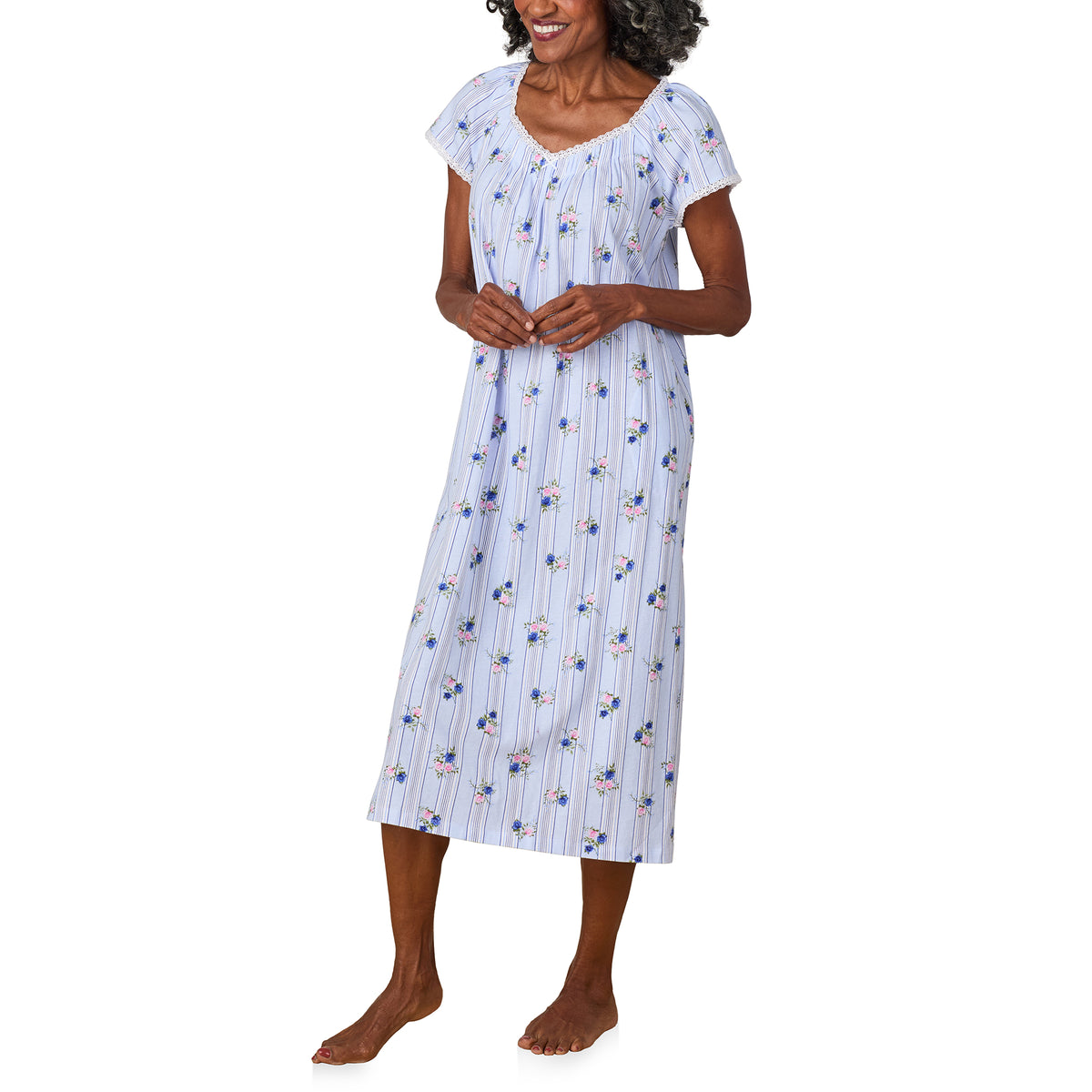 A lady wearing Rose Stripe Cotton Jersey Nightgown