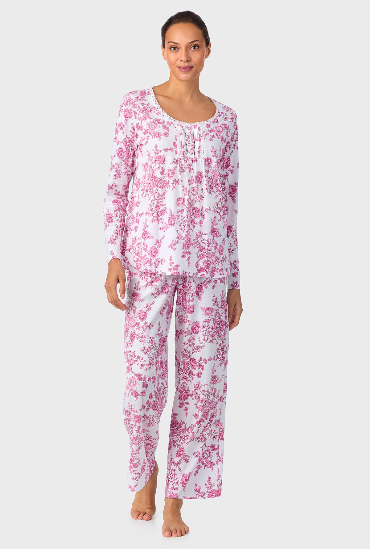 A lady wearing Berry Toile Long Sleeve Cotton Knit Pajama
