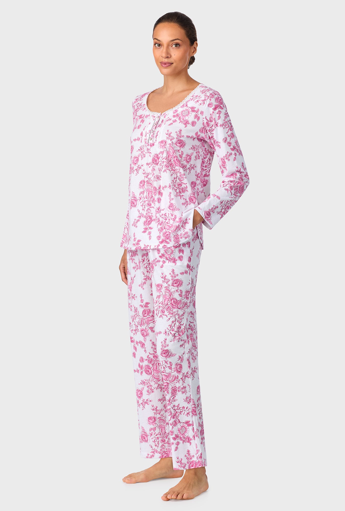 A lady wearing Berry Toile Long Sleeve Cotton Knit Pajama