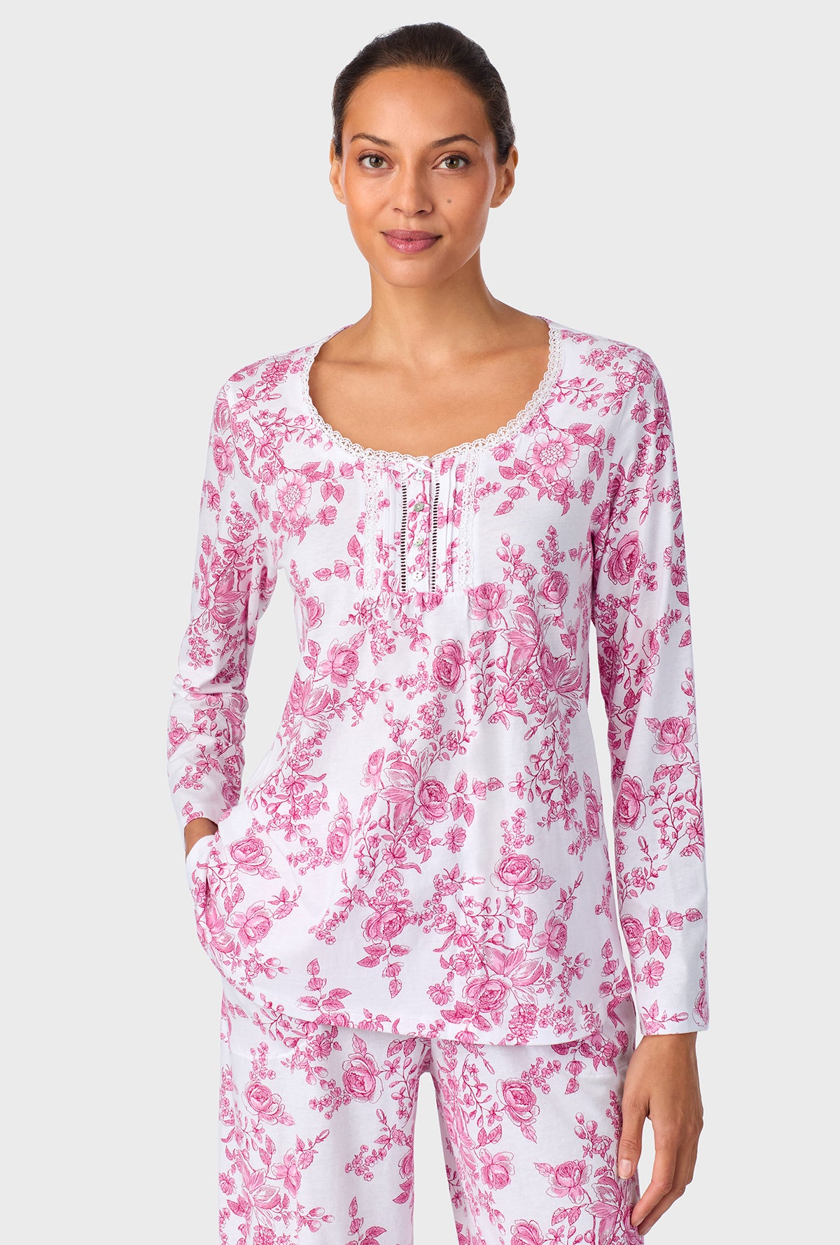 A lady wearing Berry Toile Long Sleeve Cotton Knit Pajama
