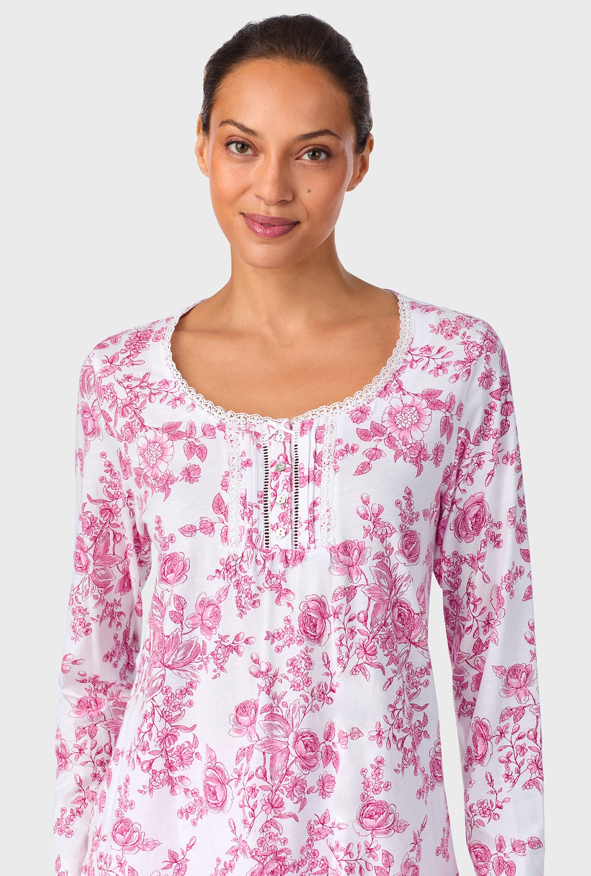 A lady wearing Berry Toile Long Sleeve Cotton Knit Pajama