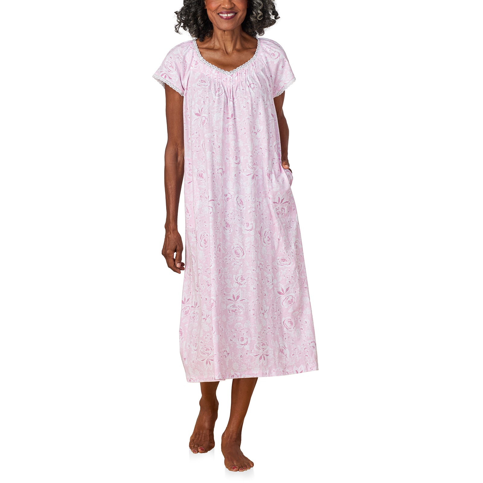 A lady wearing Pink Roses Cotton Jersey Nightgown