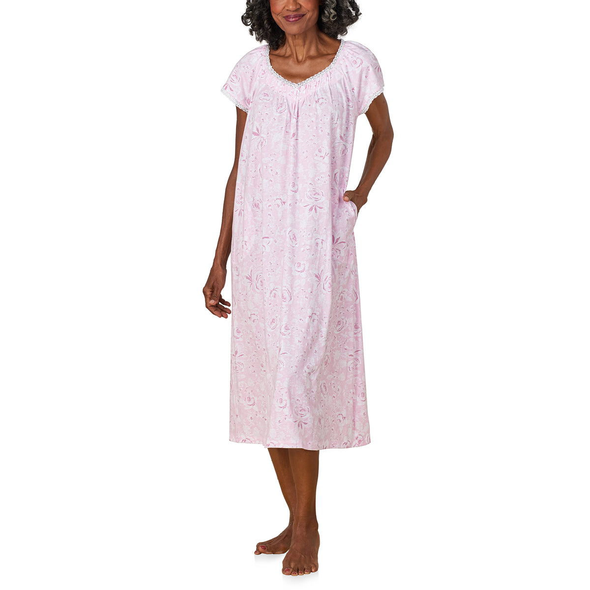 A lady wearing Pink Roses Cotton Jersey Nightgown
