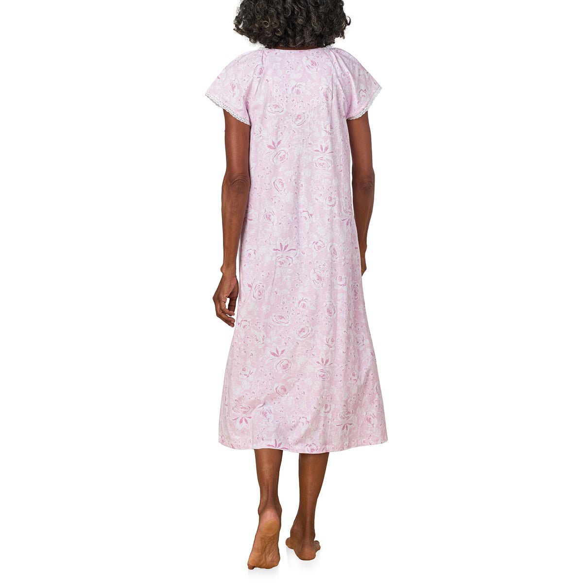 A lady wearing Pink Roses Cotton Jersey Nightgown