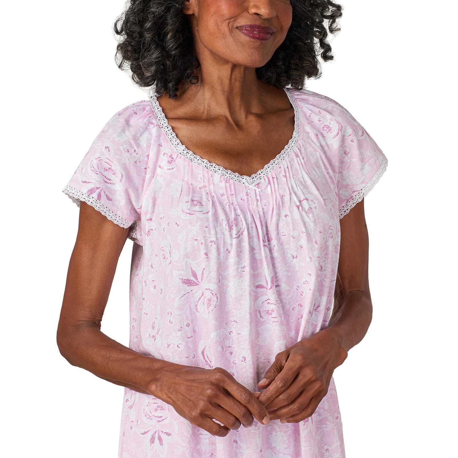 A lady wearing Pink Roses Cotton Jersey Nightgown