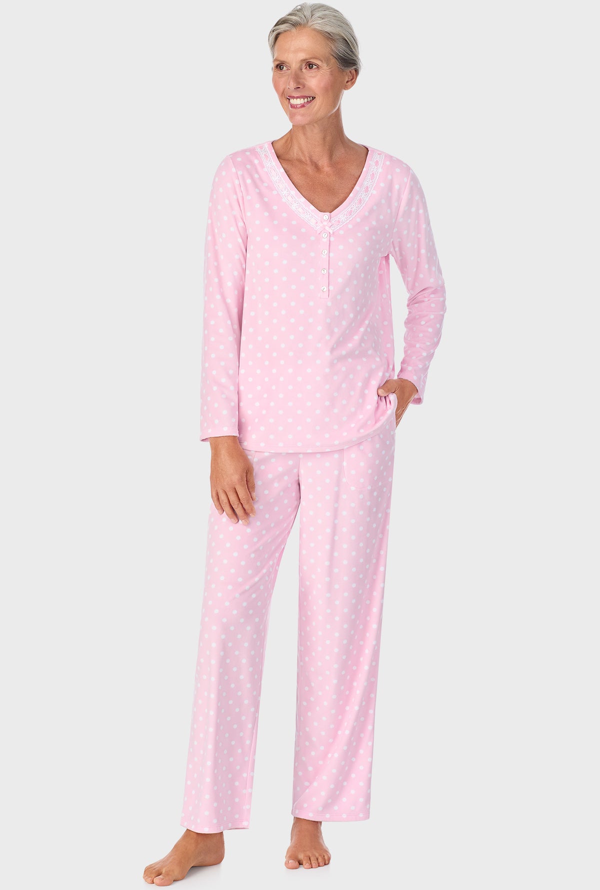 A lady wearing Pink Tulle Dot Long Sleeve Henley PJ Set