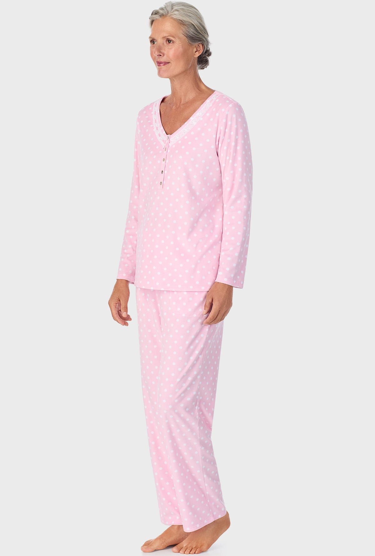 A lady wearing Pink Tulle Dot Long Sleeve Henley PJ Set