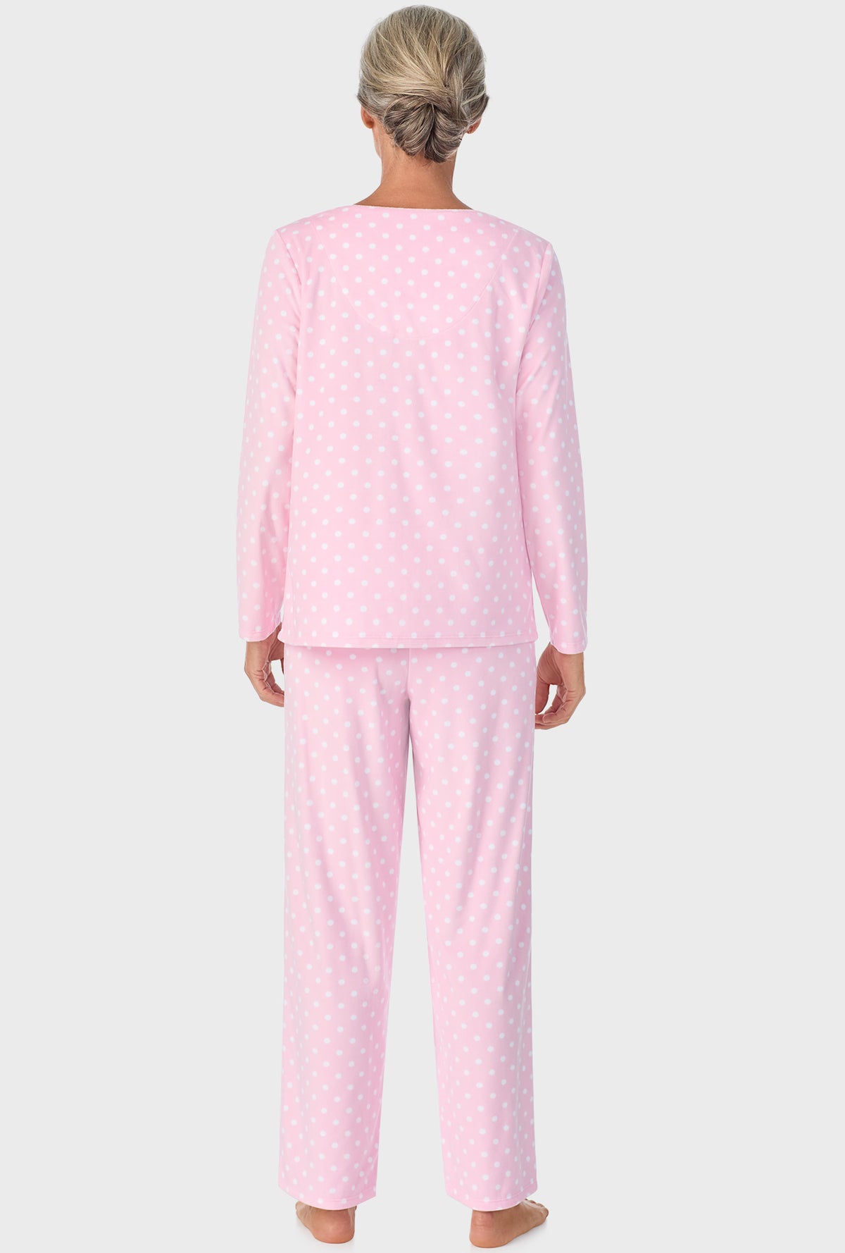 A lady wearing Pink Tulle Dot Long Sleeve Henley PJ Set