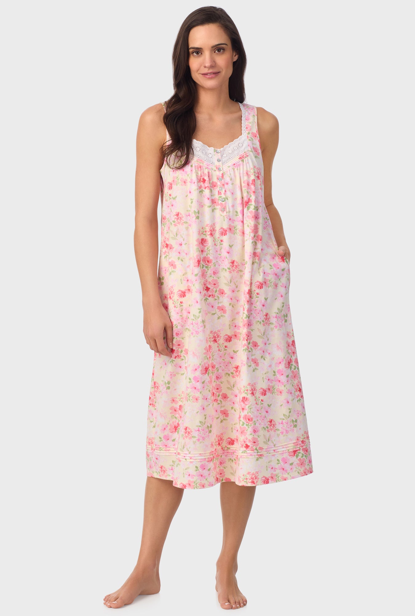 A lady wearing pink sleeveless Nightgown with Buttermilk Floral