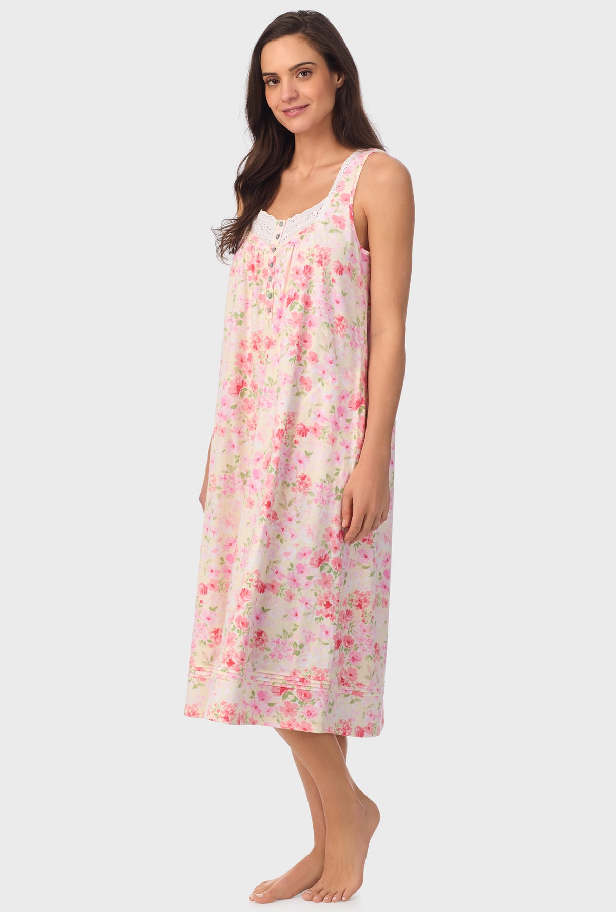 A lady wearing pink sleeveless Nightgown with Buttermilk Floral