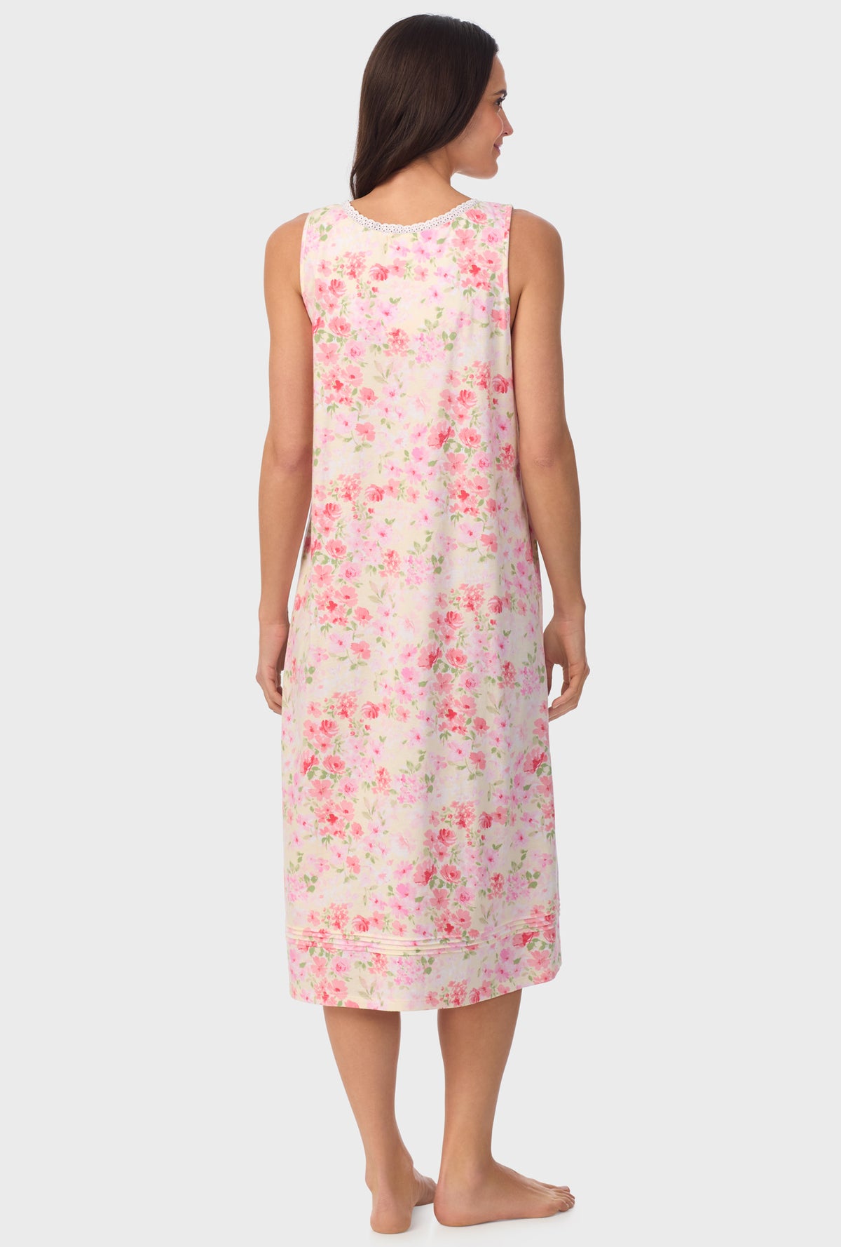 A lady wearing pink sleeveless Nightgown with Buttermilk Floral