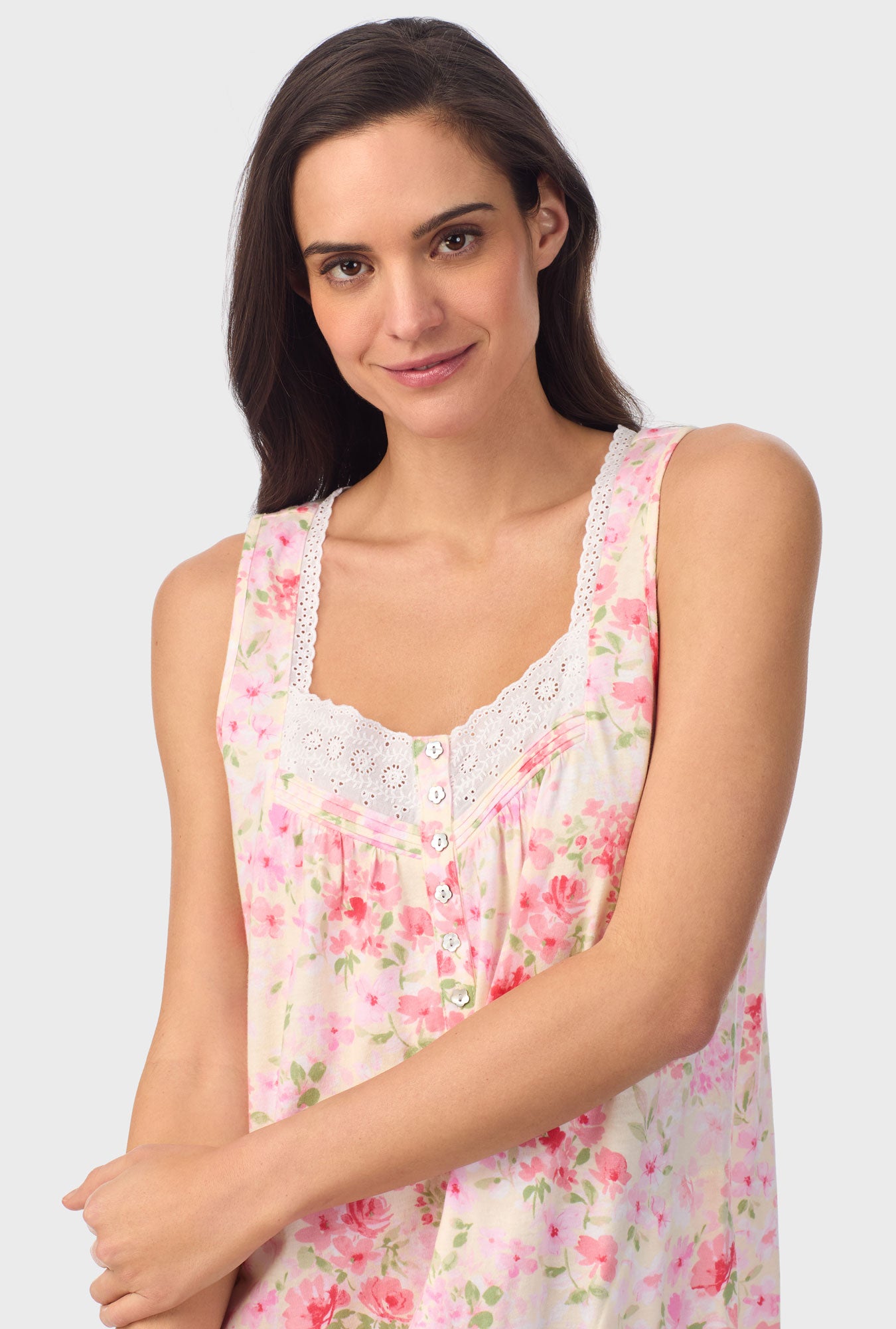 A lady wearing pink sleeveless Nightgown with Buttermilk Floral