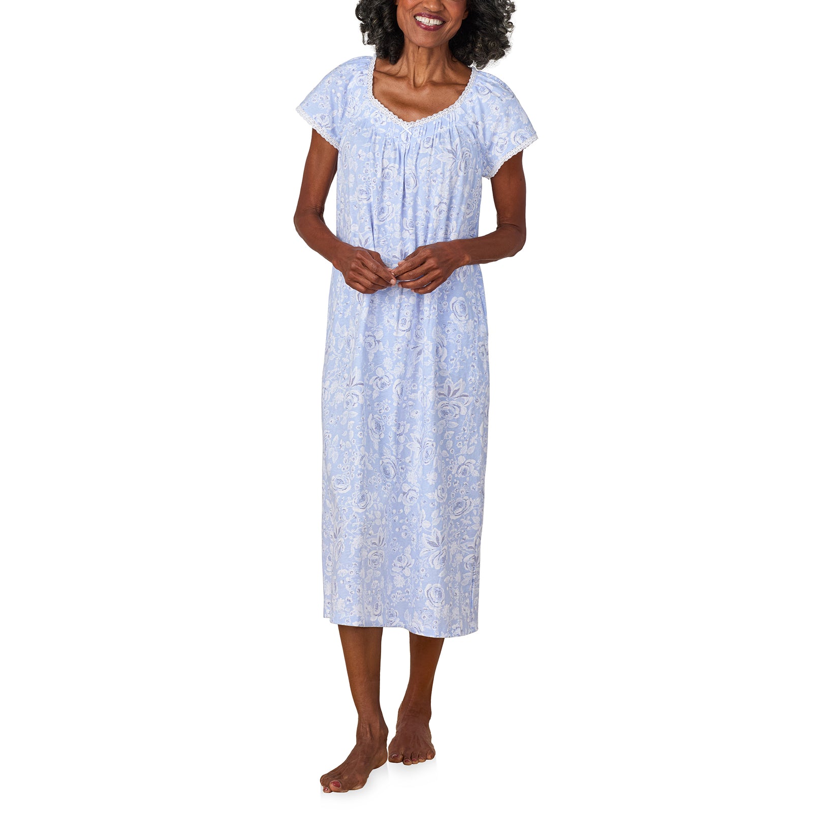 A lady wearing Blue Roses Cotton Jersey Nightgown