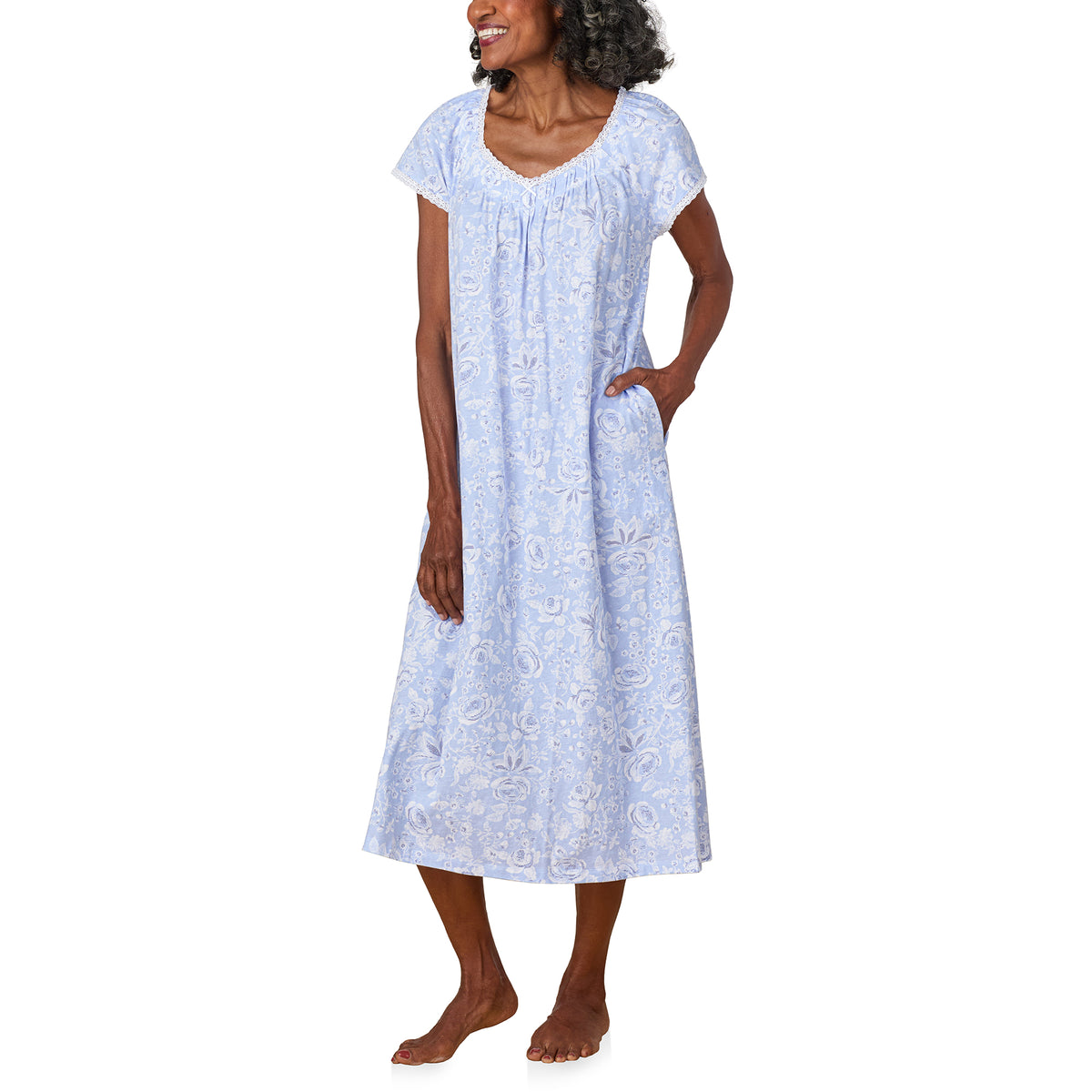 A lady wearing Blue Roses Cotton Jersey Nightgown