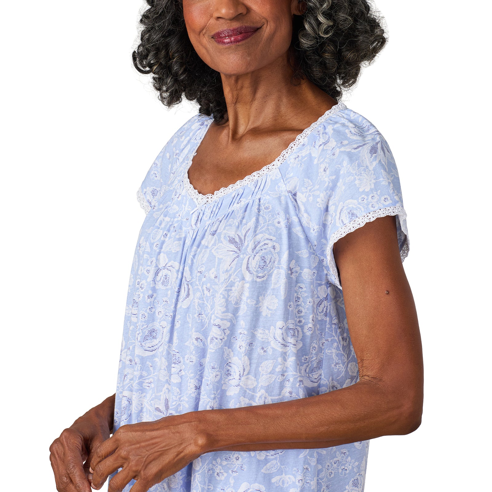 A lady wearing Blue Roses Cotton Jersey Nightgown