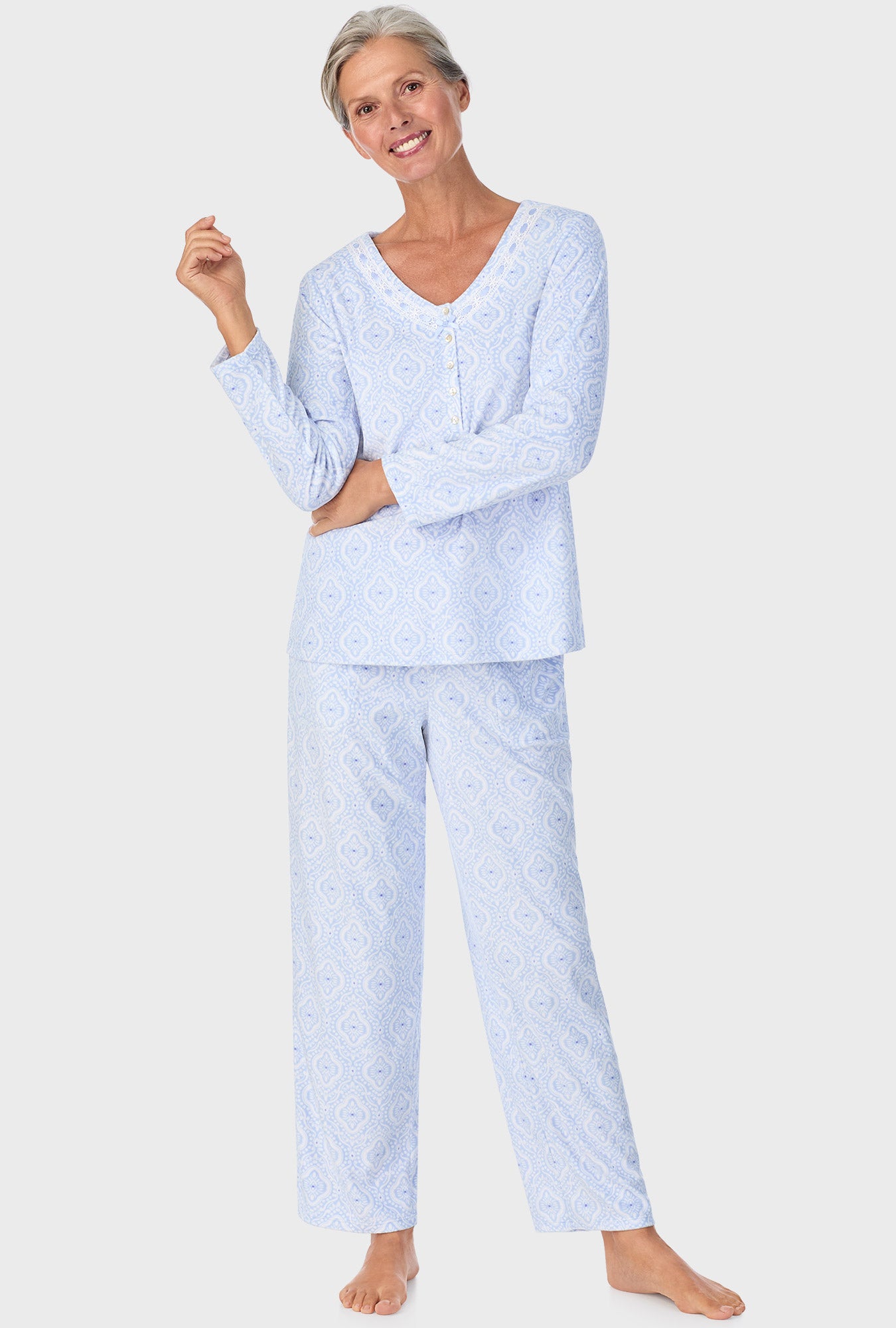 A lady wearing Ice Blue Geo Long Sleeve Henley PJ Set