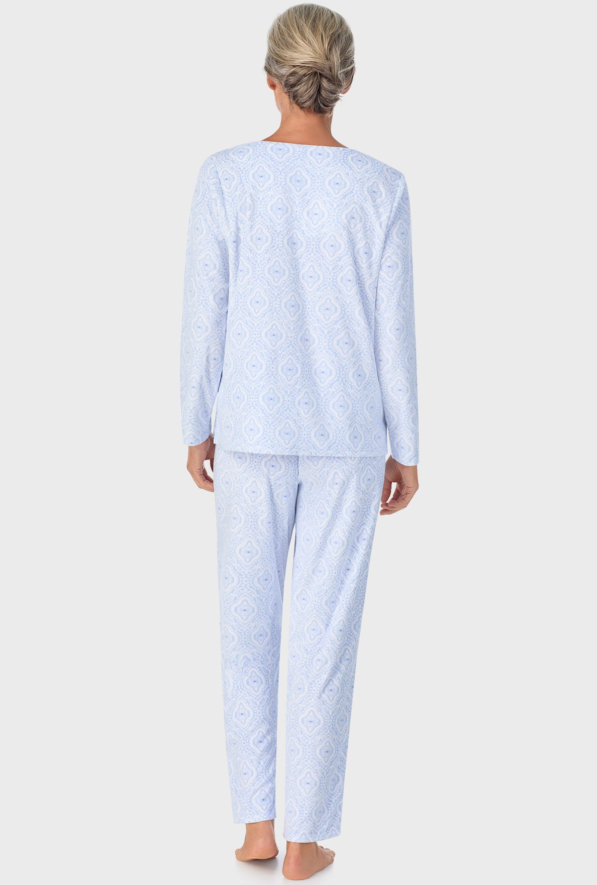 A lady wearing Ice Blue Geo Long Sleeve Henley PJ Set