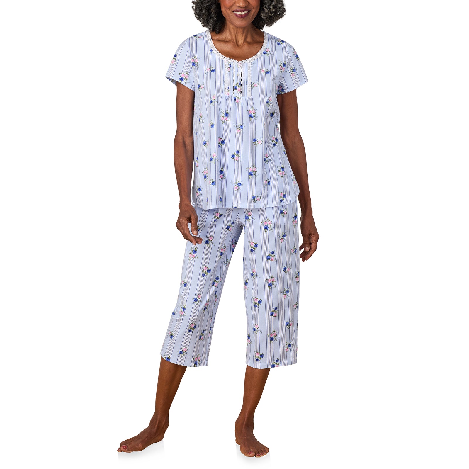 A lady wearing Rose Stripe Cotton Jersey Capri PJ Set
