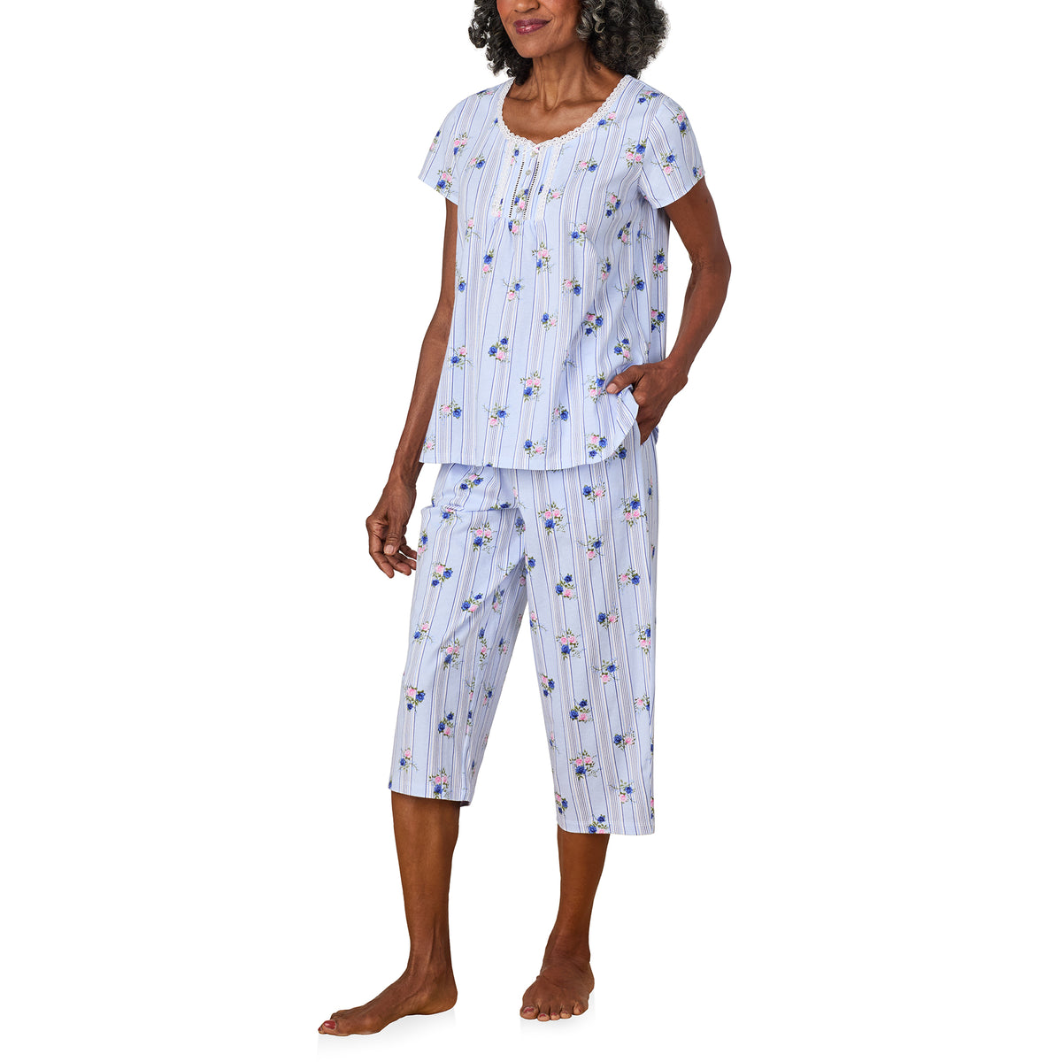 A lady wearing Rose Stripe Cotton Jersey Capri PJ Set