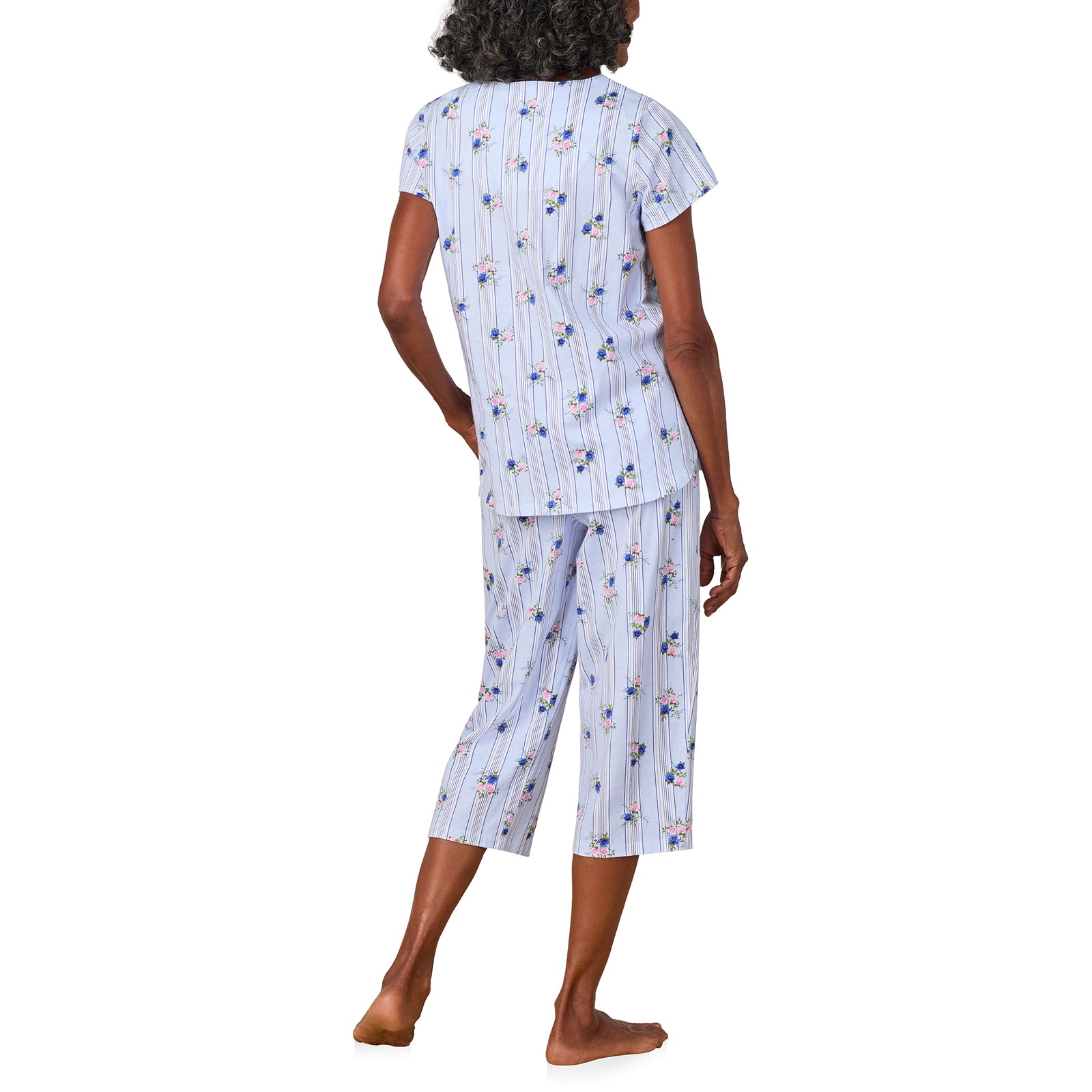 A lady wearing Rose Stripe Cotton Jersey Capri PJ Set