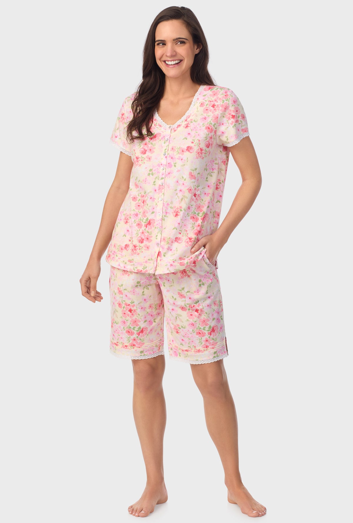 A lady wearing pink short Sleeve Cap Sleeve Bermuda Pant PJ Set with Buttermilk print