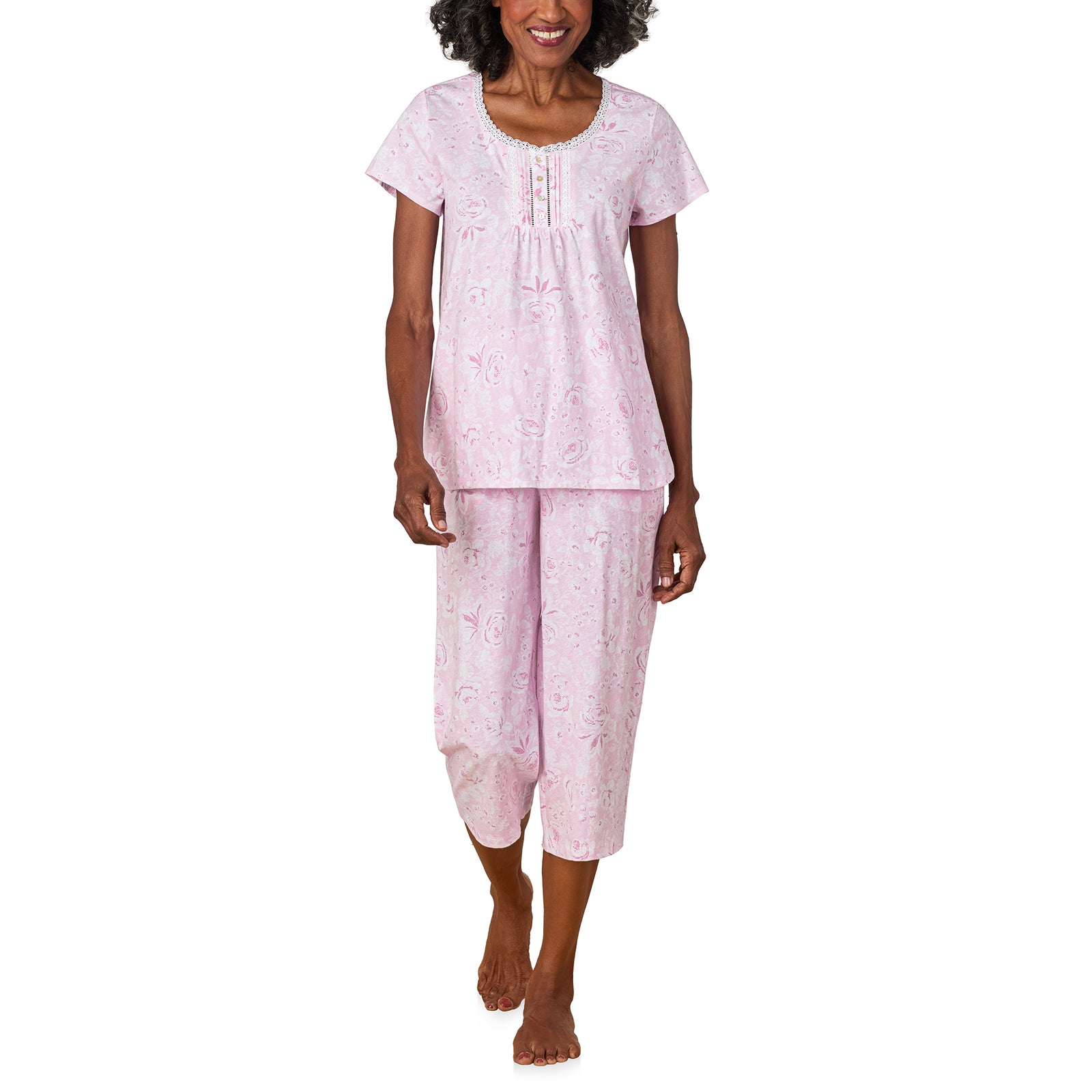 A lady wearing Pink Roses Cotton Jersey Capri PJ Set