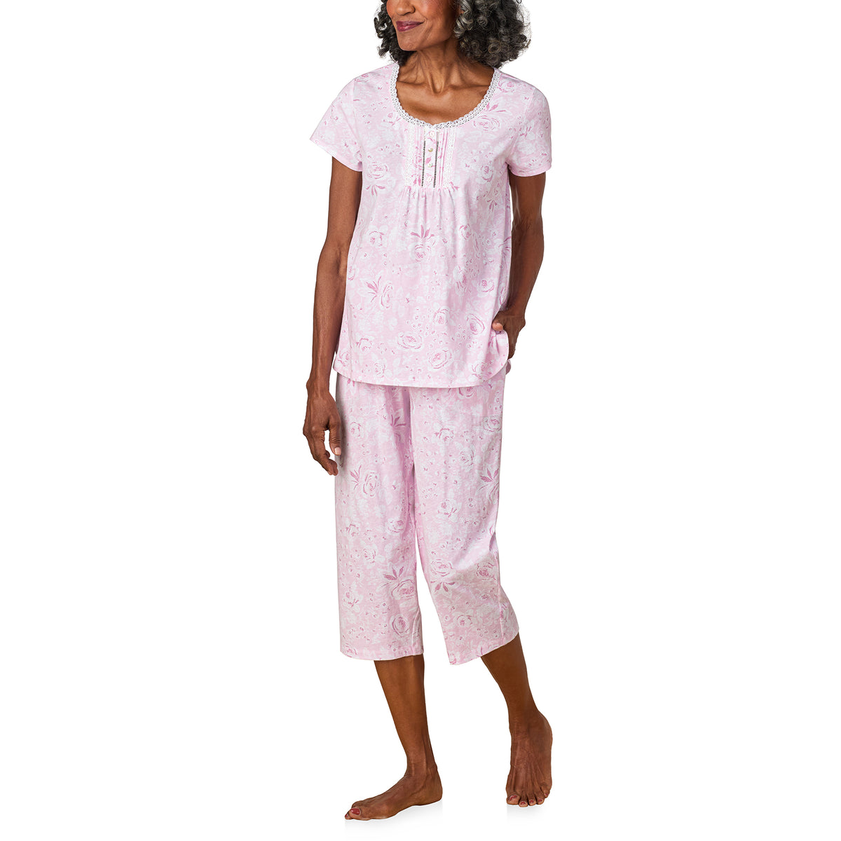 A lady wearing Pink Roses Cotton Jersey Capri PJ Set