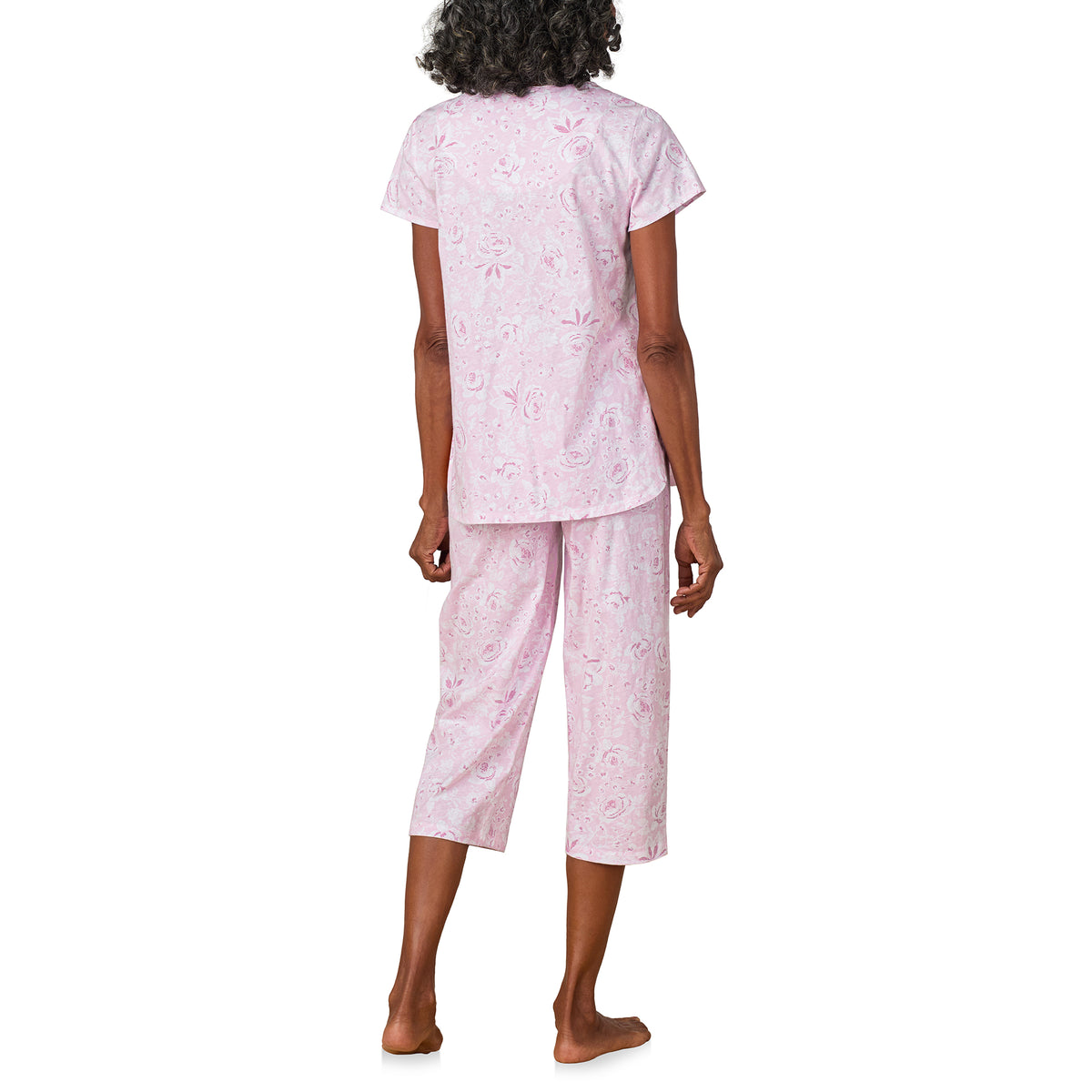 A lady wearing Pink Roses Cotton Jersey Capri PJ Set