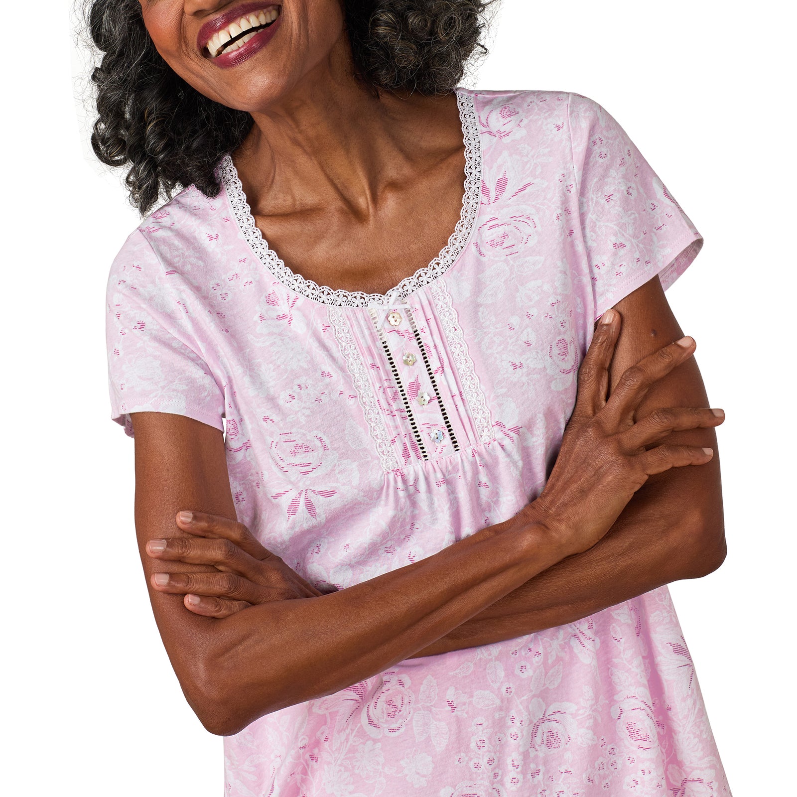 A lady wearing Pink Roses Cotton Jersey Capri PJ Set