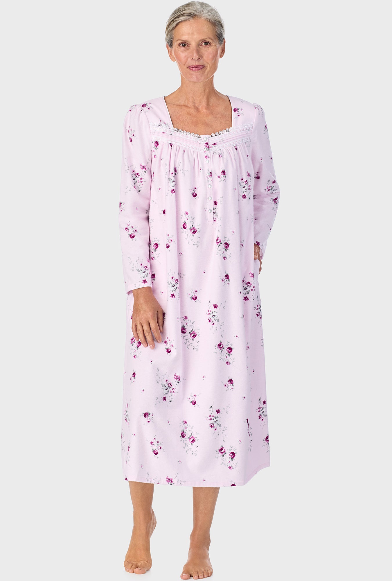 A lady wearing Blush Pink Floral Long Sleeve Nightgown