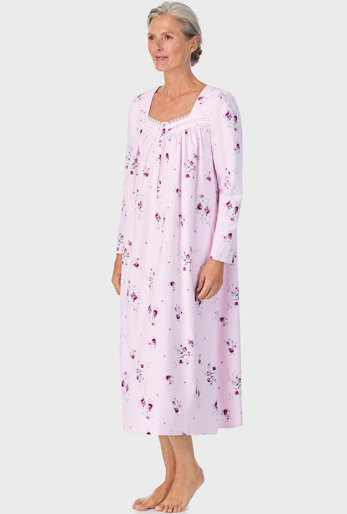 A lady wearing Blush Pink Floral Long Sleeve Nightgown