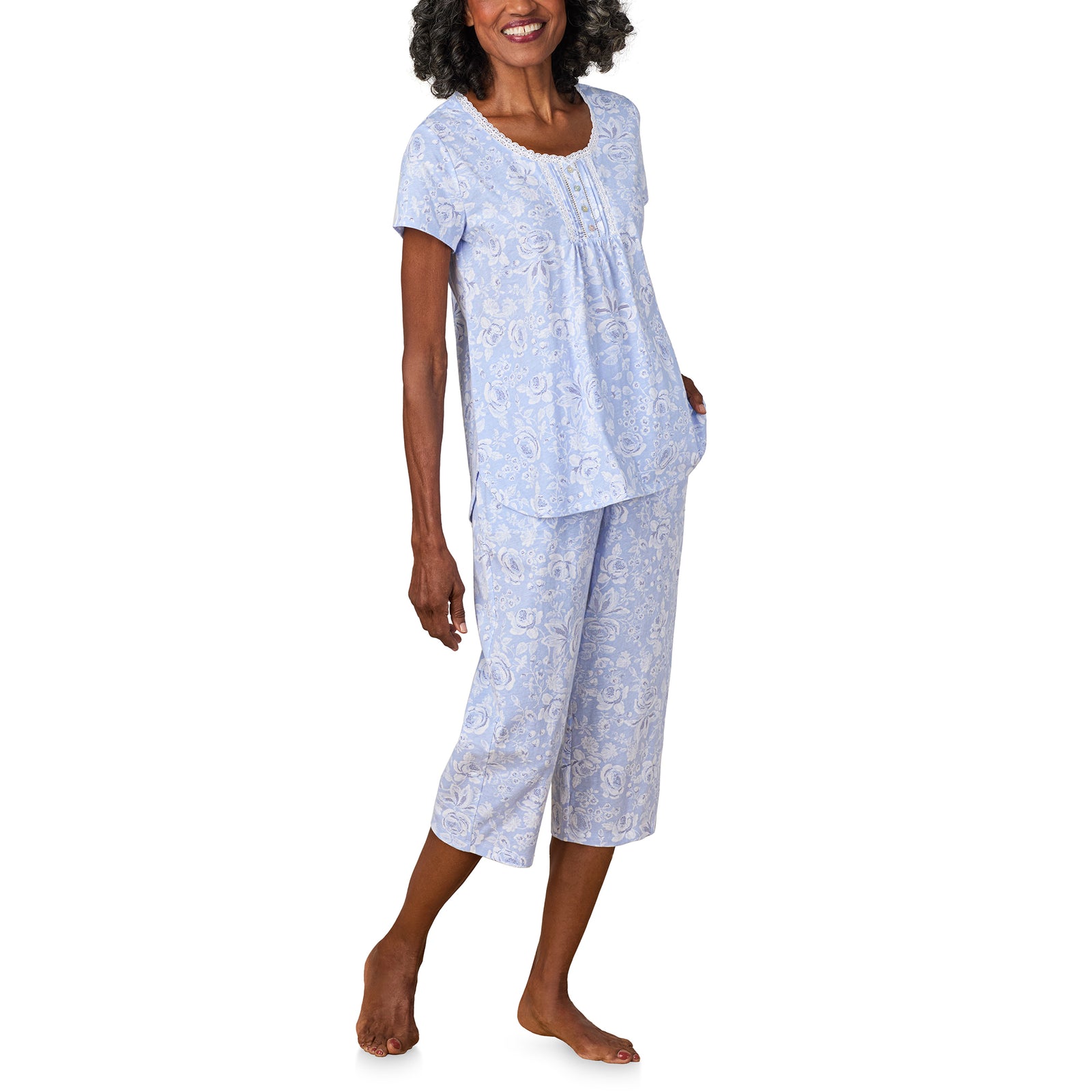 A lady wearing Blue Roses Cotton Jersey Capri PJ Set