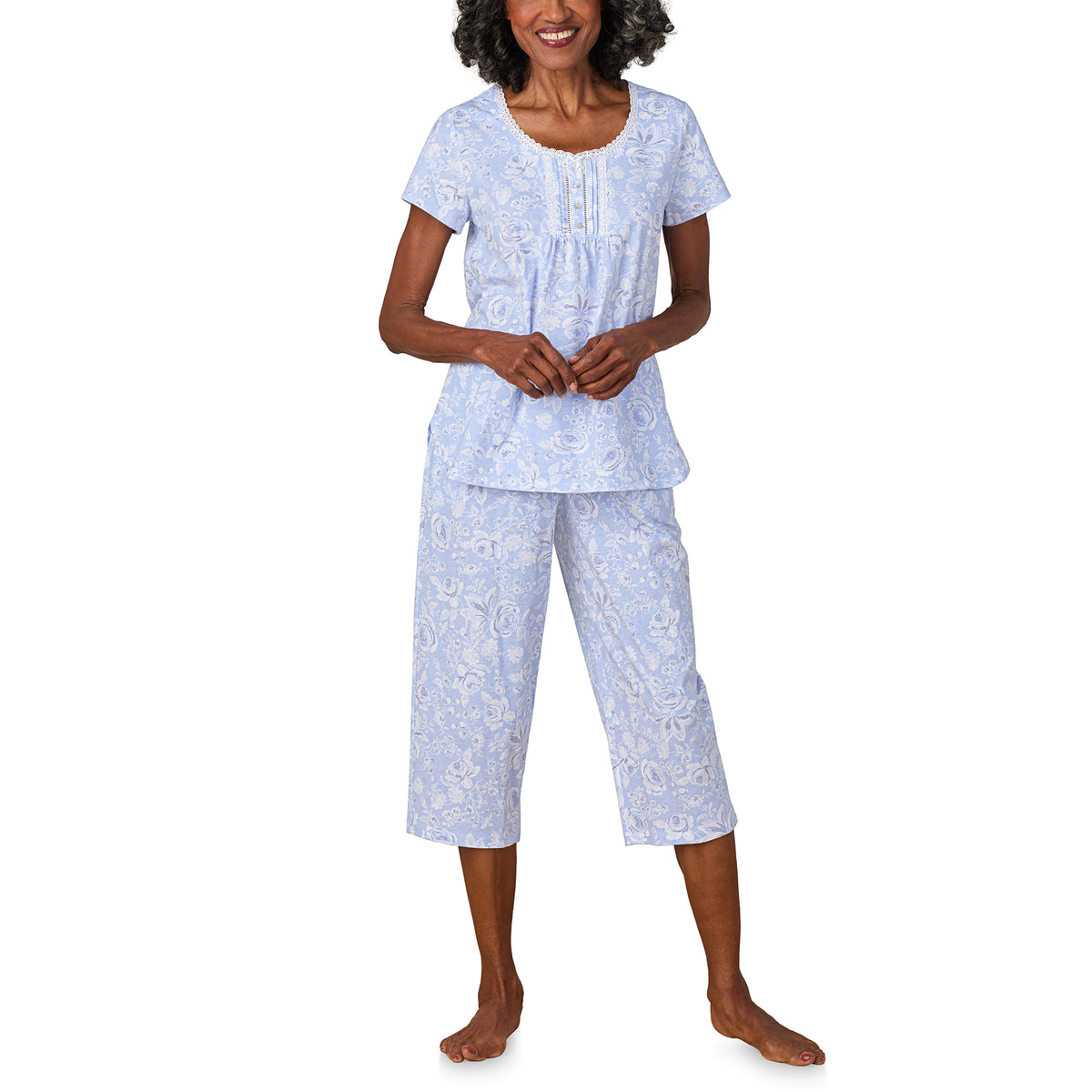 A lady wearing Blue Roses Cotton Jersey Capri PJ Set