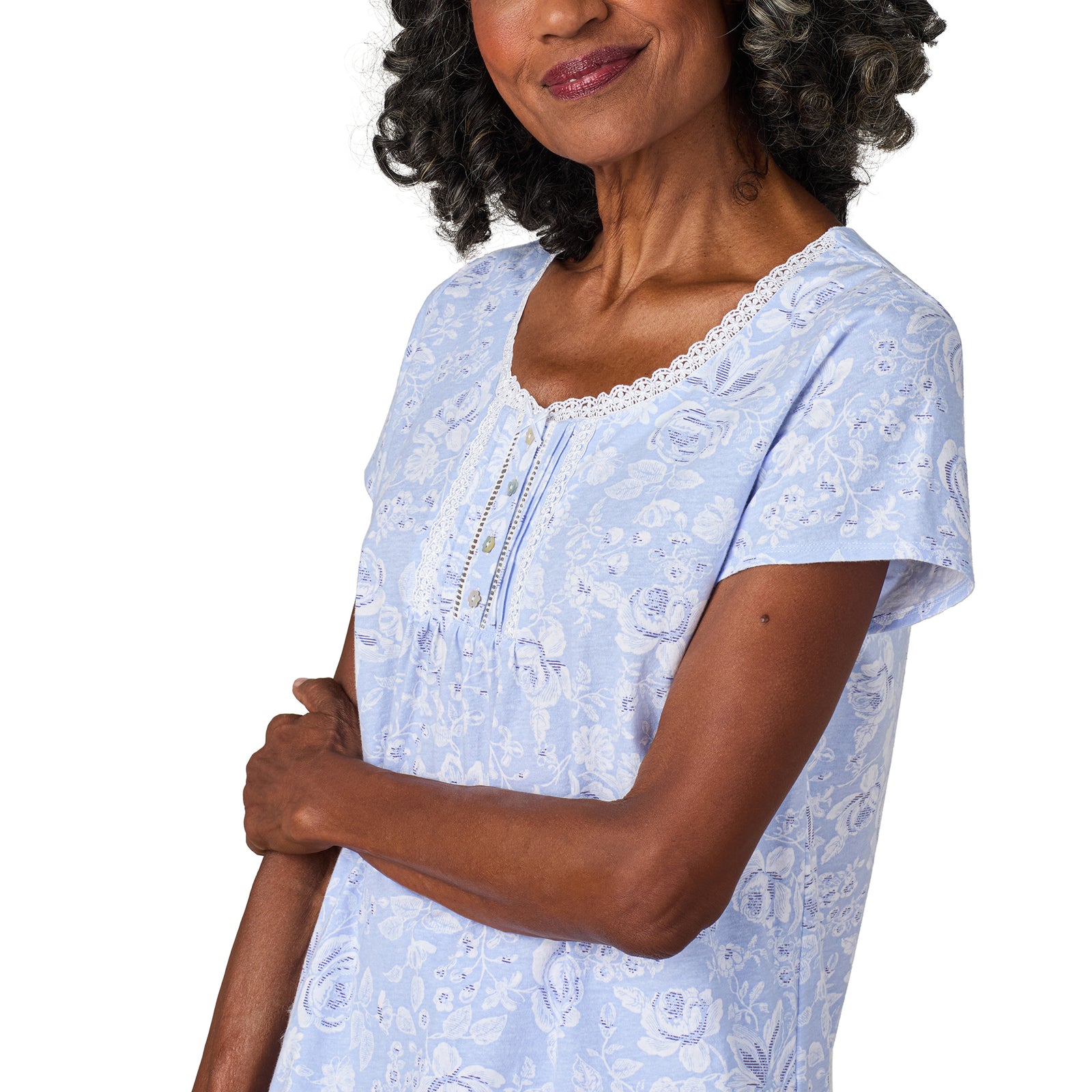 A lady wearing Blue Roses Cotton Jersey Capri PJ Set